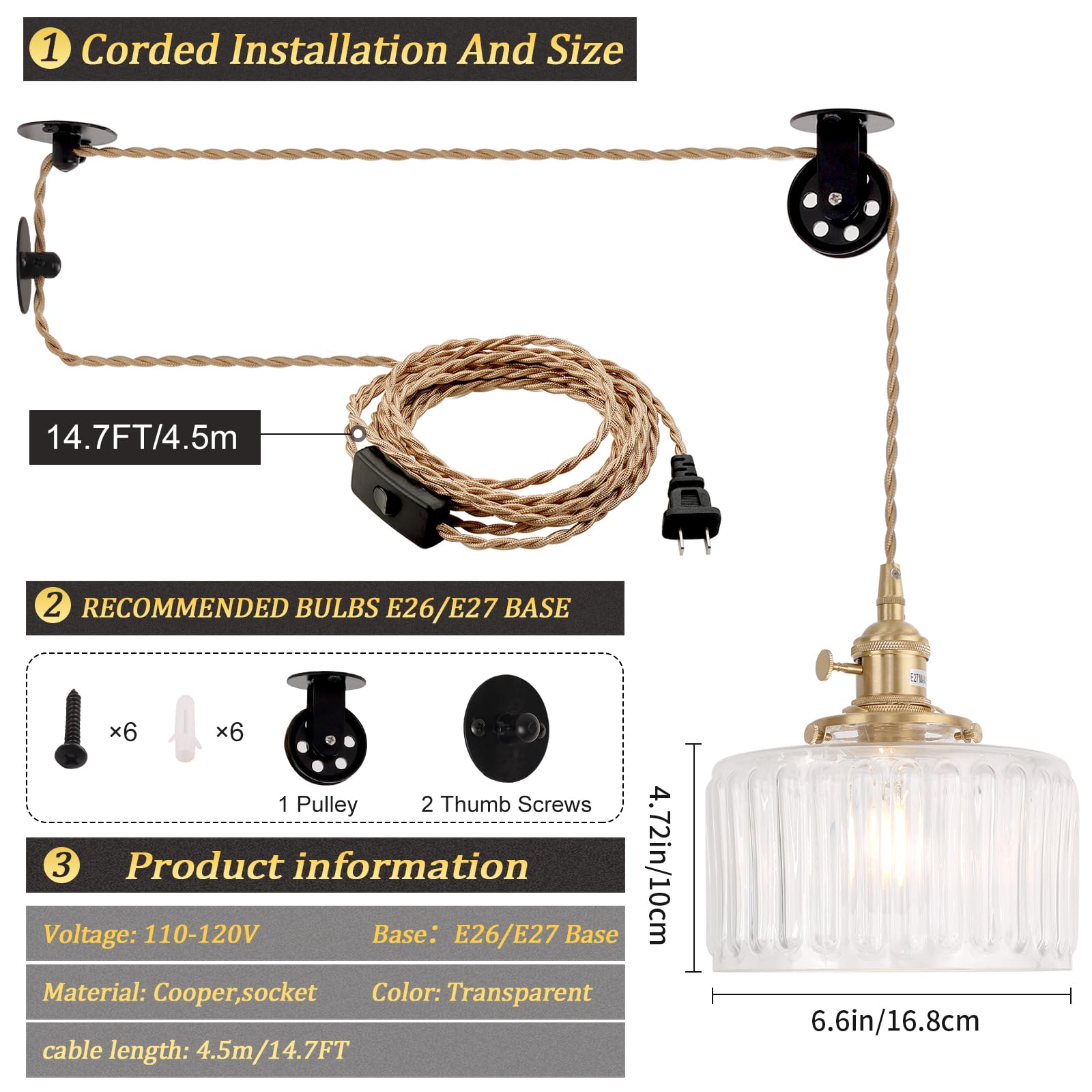 Shenmoyl Plug In Pendant Light Hanging Light Fixture Corded On/Off Switch Brass Pendant Light With Clear Striped Glass Lampshade