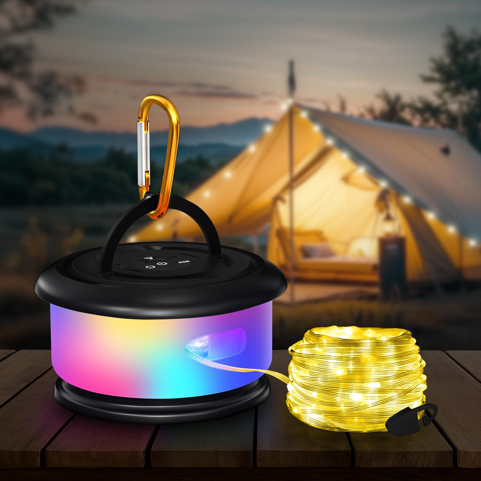 Bylitodt Camping String Lights, Retractable 32.8ft RGB Flash Lamp, Rechargeable Fairy LED Rope Lights Outdoor Waterproof, Portab