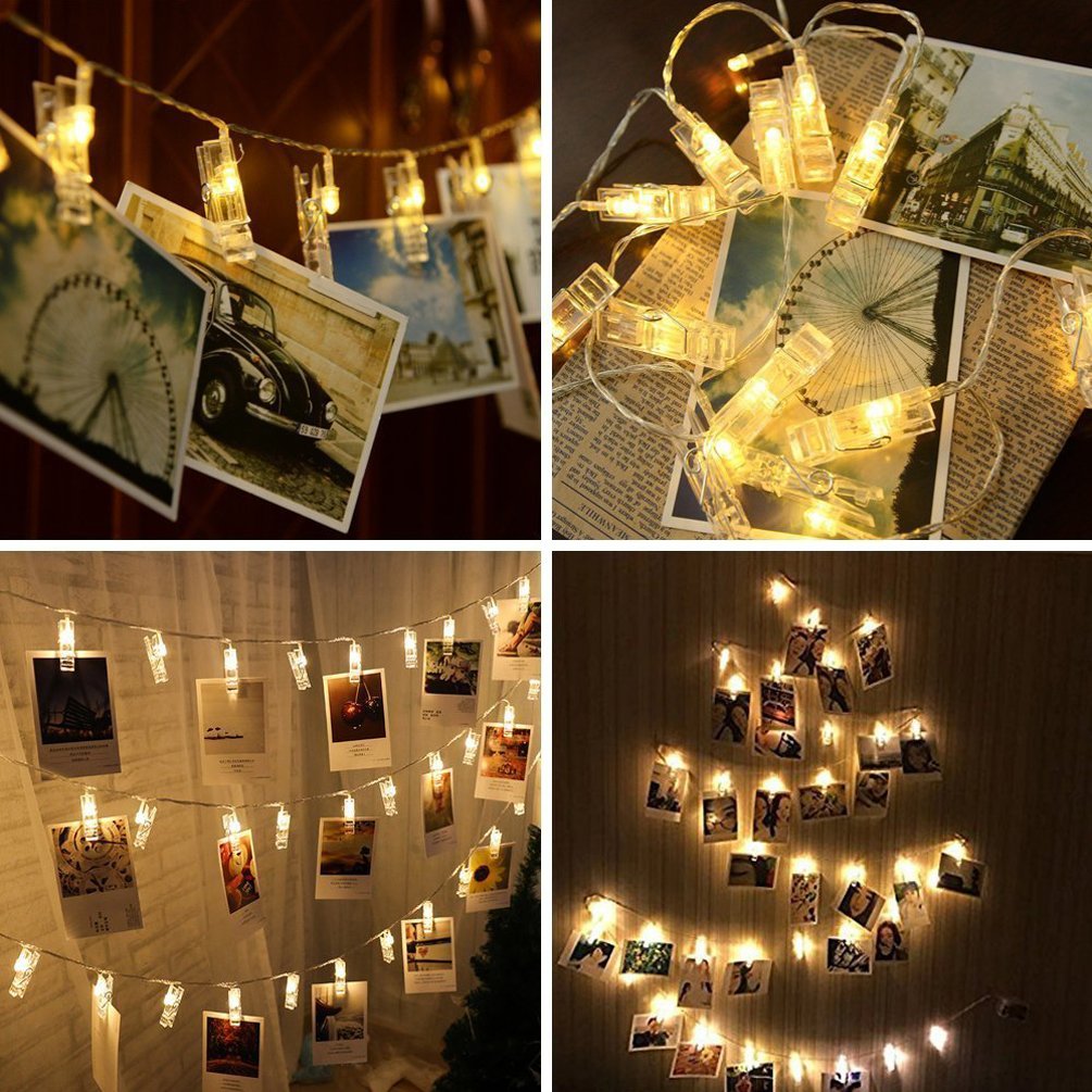 Decute 50Led Photo Clips String Lights Holder Timer Function 8 Modes Dimmable With Remote, 17Ft Fairy Starry Lights For Christma