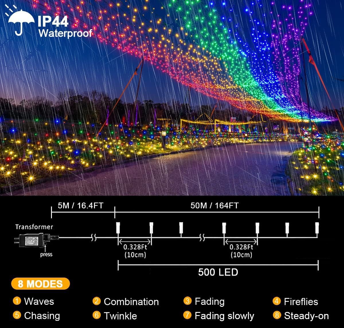 kemooie 500 LED Orange Halloween Lights, 164FT, Waterproof, 8 Lighting Modes, Model HB-500COI