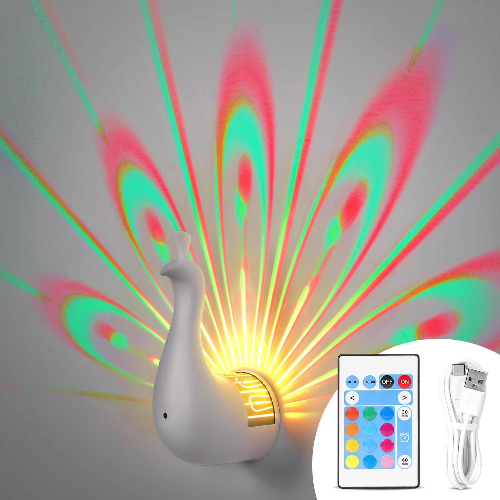 BomKra Peacock Wall Lamp, Dimmable Touch Light with Remote, 7 Colors, Plastic, White, Model ChainrinCC