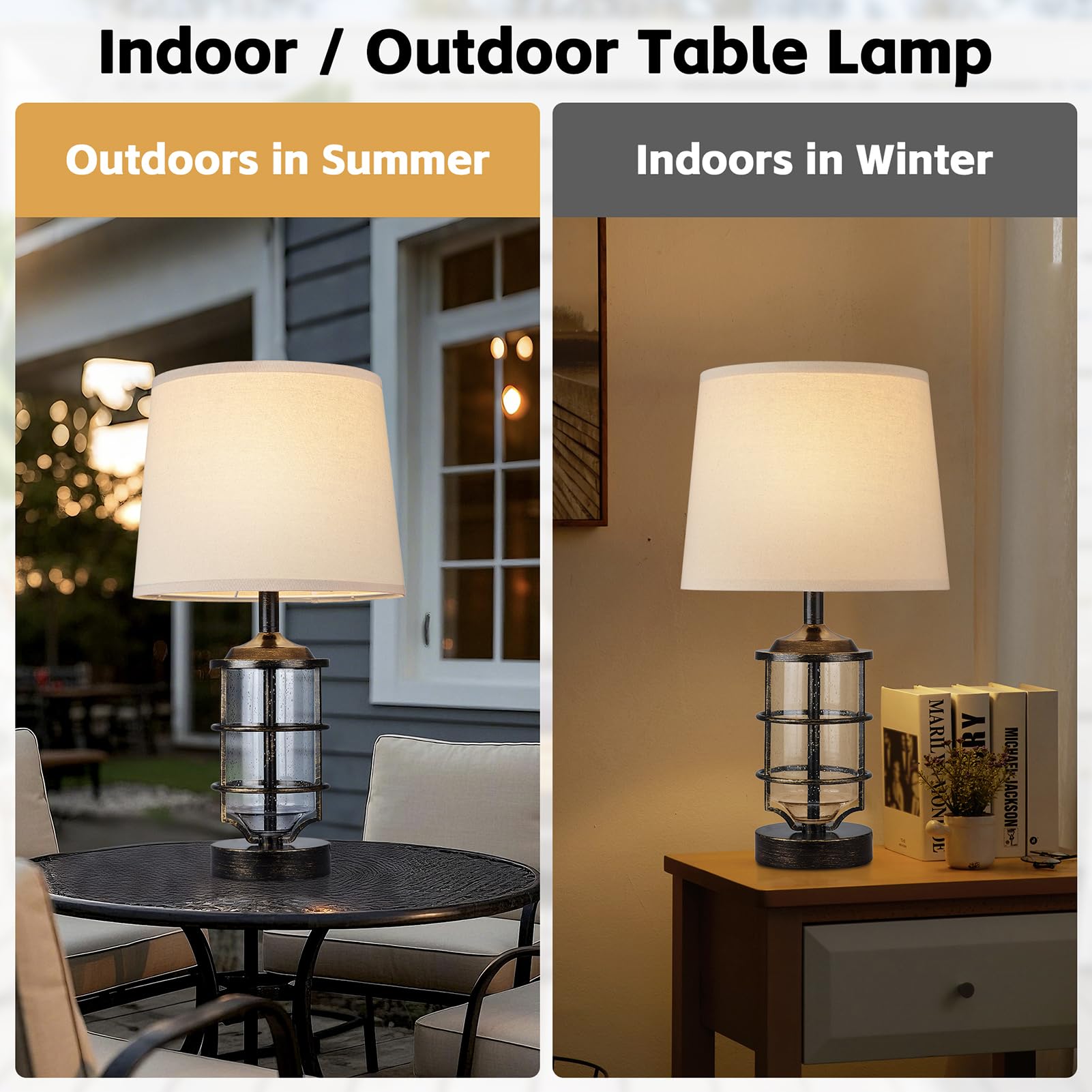 Outdoor Table Lamp, Farmhouse Lamp for Patio Table Decor with Cord, Rustic Table Light with Seeded Glass, 23.5  Plug-in Outdoor