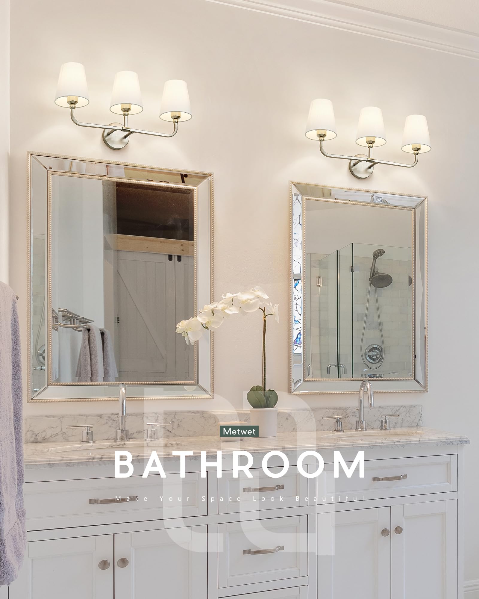 Metwet Bathroom Light Fixtures, Brushed Nickel Vanity Lights With Flared White Fabric Shade, 3 Light Wall Sconce, Modern Sconces