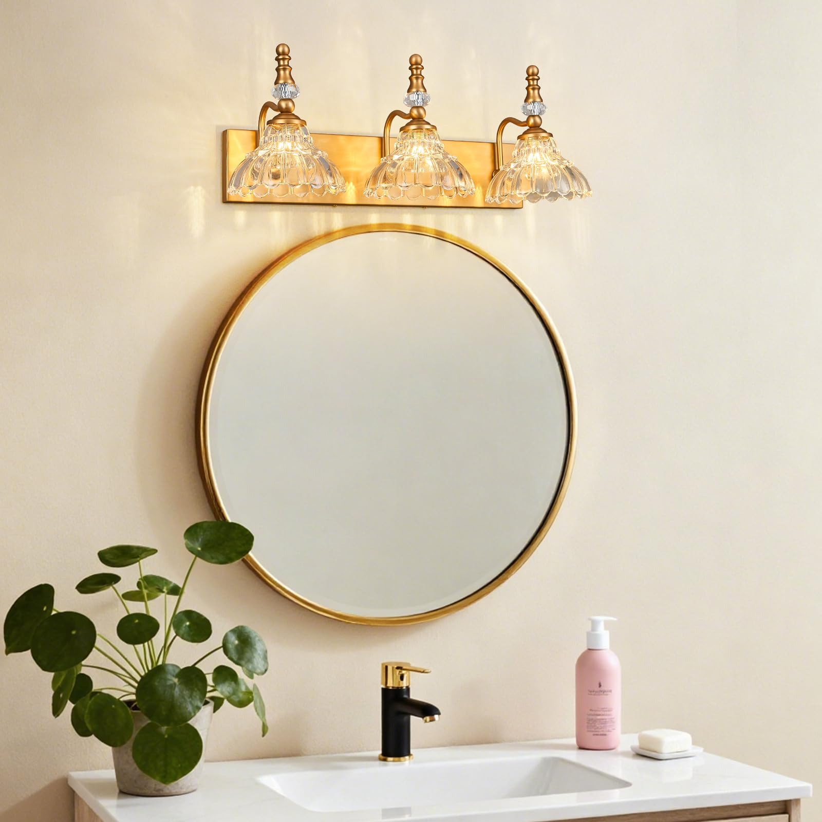 LBSQJ Vintage Bathroom Vanity Light, 3-Light Brass Fixture with Flower Glass Shade, Model 4150