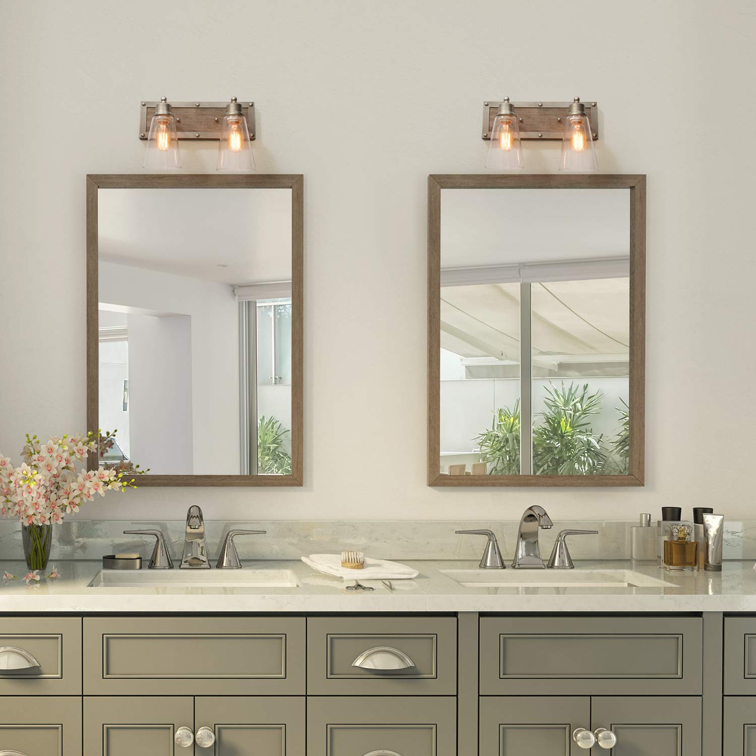 LOG BARN 2 Lights Bathroom Vanity Fixture, Distressed Wood & Brushed Antique Silver, Cone Glass Shades, 14.1in Farmhouse Design