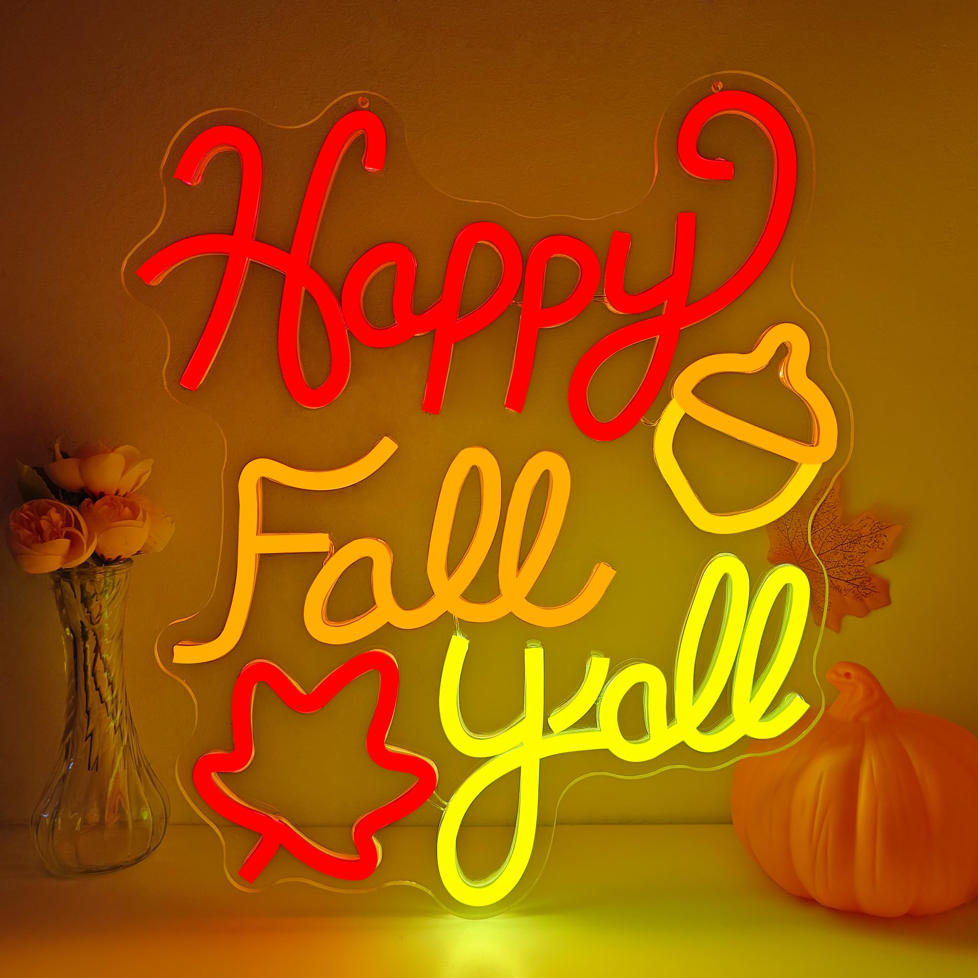 Happy Fall YAll Neon Sign For Wall Decor Fall Decorations Fall Yall Led Sign Dimmable Autumn Neon Light Up Sign For Thanksgiving Party Decorations Home Decor Wall Art Fireplace Door Window