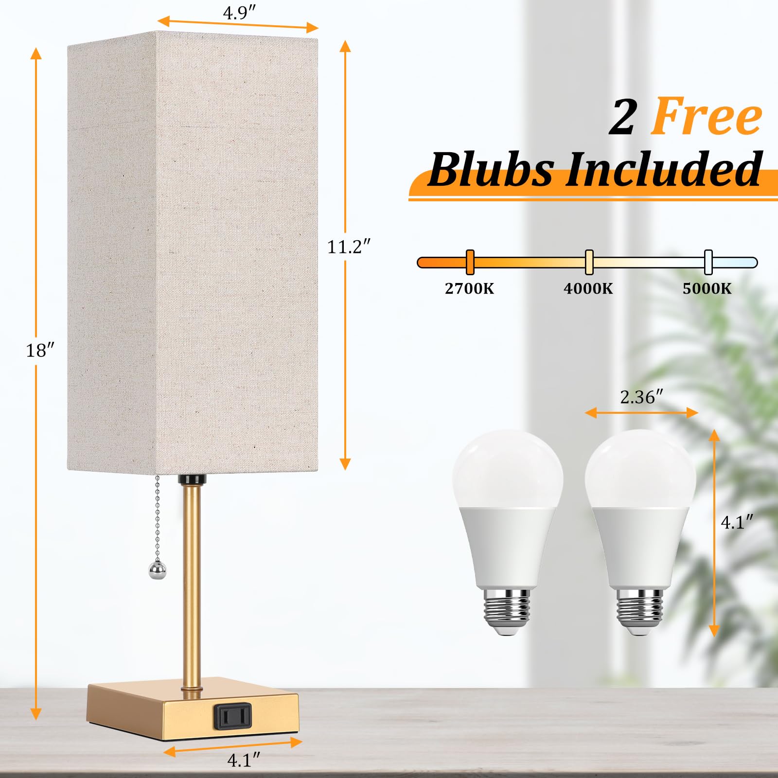 Dott Arts Table Lamp Set of 2, 18in Gold Linen, 3-Color with Pull Chain, AC Outlets, Model PTL6W-028