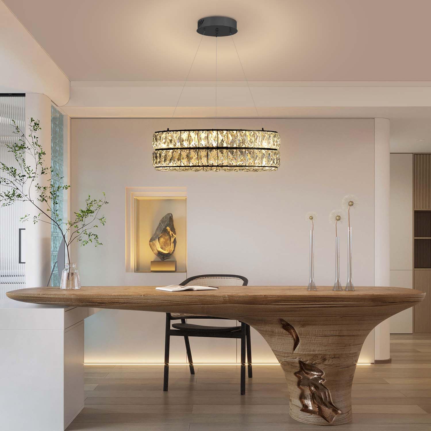 Idequy Modern Led Ring Chandelier - Dimmable Crystal Light Fixture For Living & Dining Room - Adjustable 15.7Inch Black