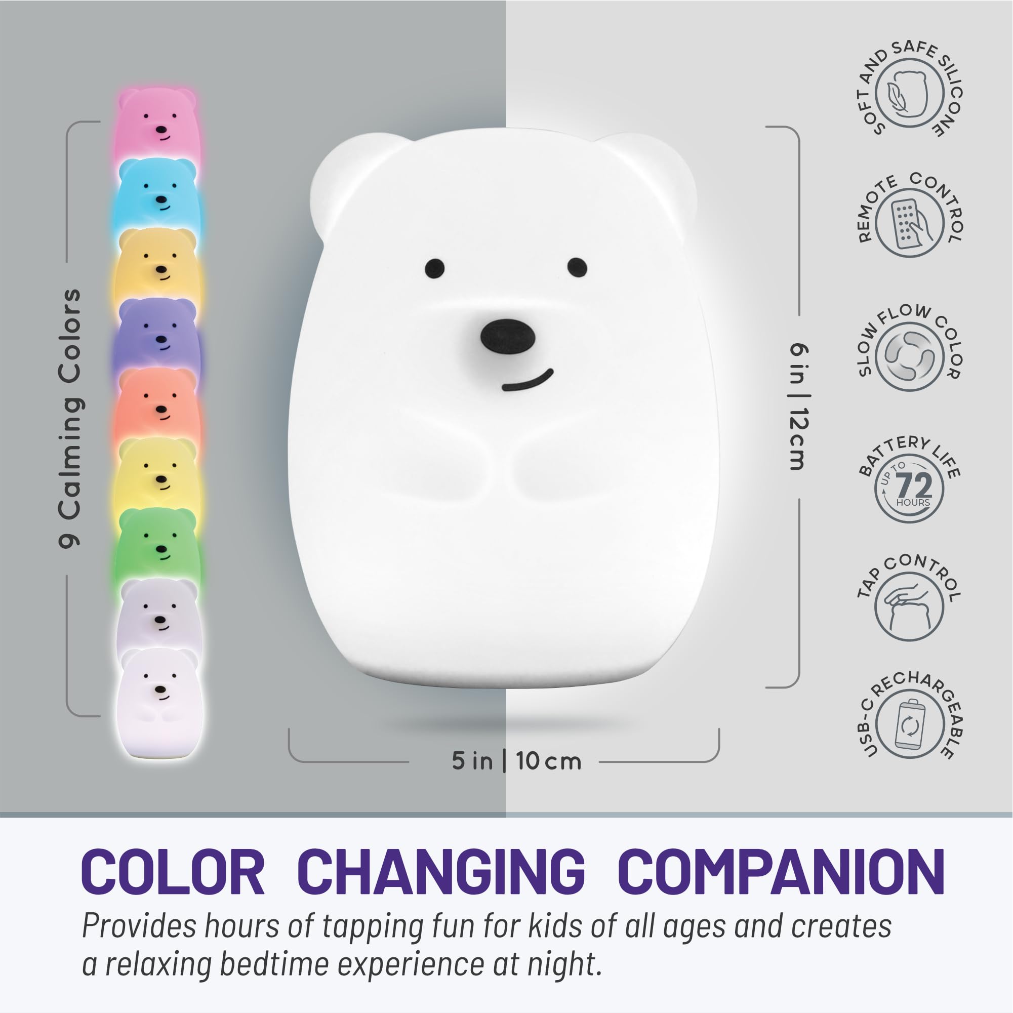 Lumipets Silicone Night Light for Kids, Bear - 9 Soft Colors, Remote Sleep Timer - Rechargeable, Battery-Operated Light for Todd