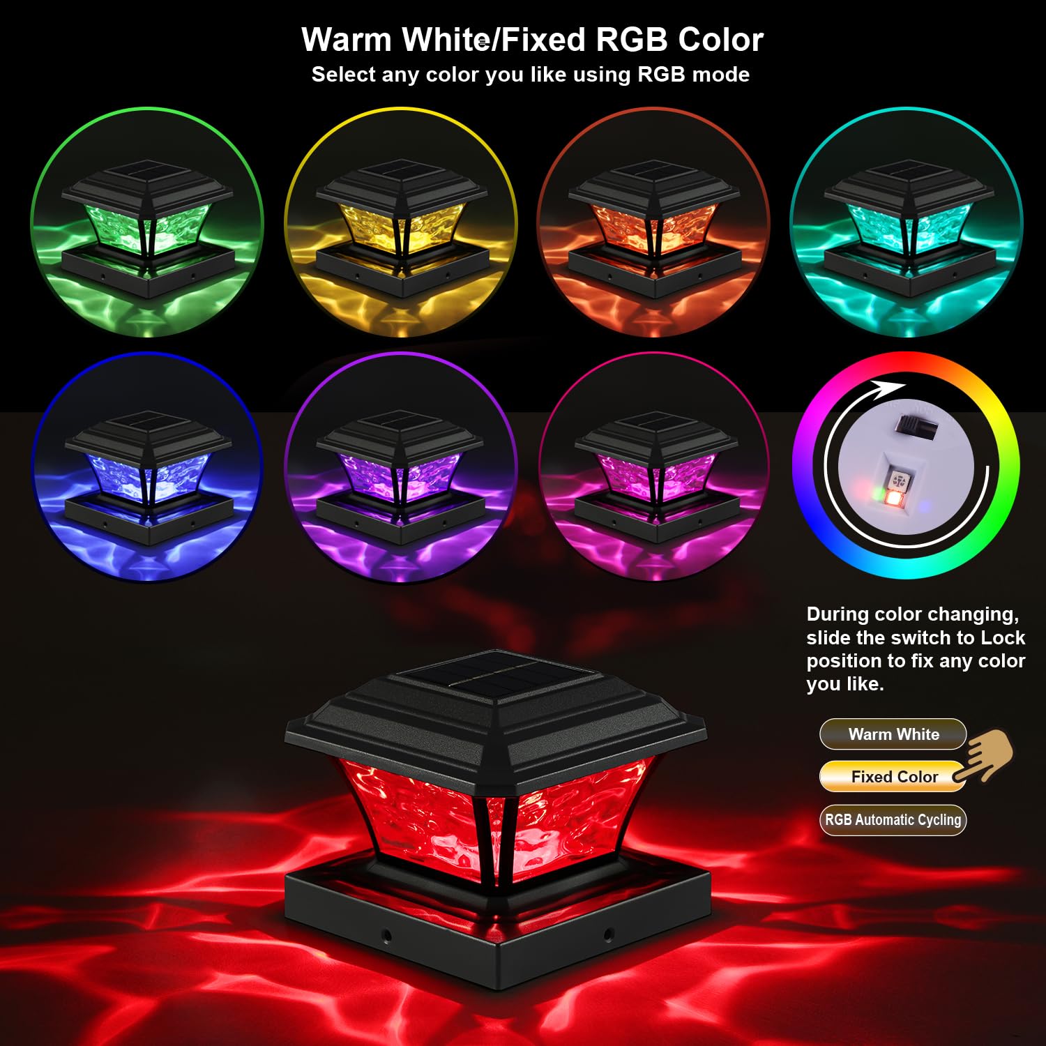 AEFRELEOHT Solar Post Cap Lights, 20 Lumens, Warm White/RGB, 6 Pack, Black, Model SL1880, Fits 3.6x3.6