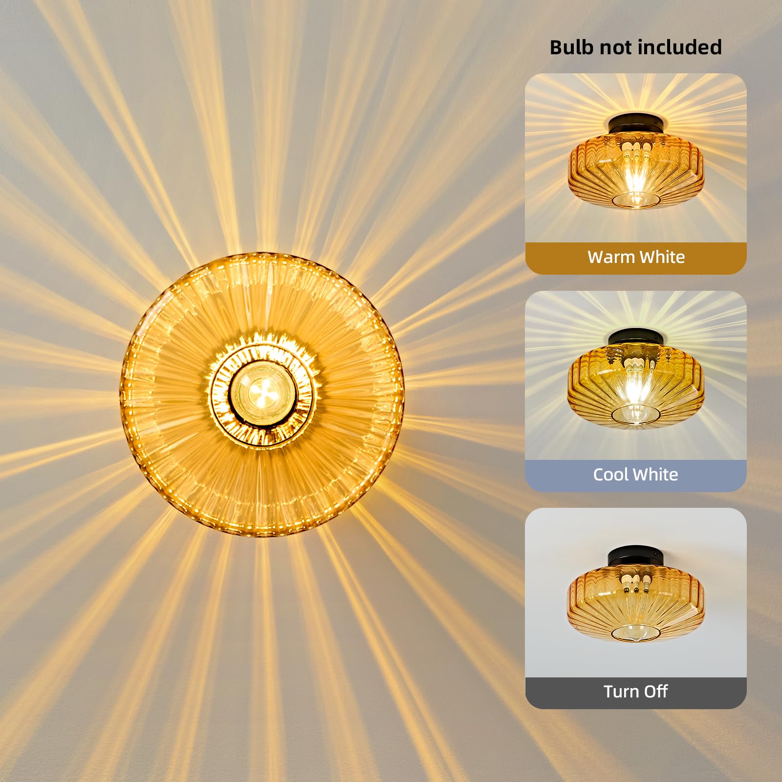 Glass Semi Flush Ceiling Lights - 12 In Vintage Mid Century Modern Lighting Fixture - Drum Unique Art Deco Amber Mount Light Fixtures For Hallway Entry Way Hall Kitchen Dining Laundry Room Foyer Porch