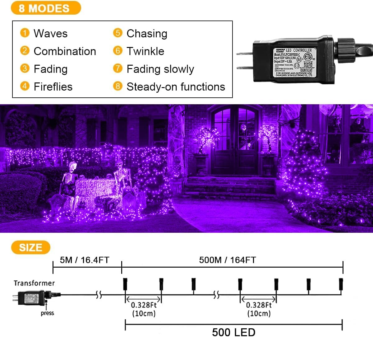 weillsnow 500 LED Purple Christmas Lights, 164FT, Waterproof, 8 Modes, Indoor Outdoor Decor
