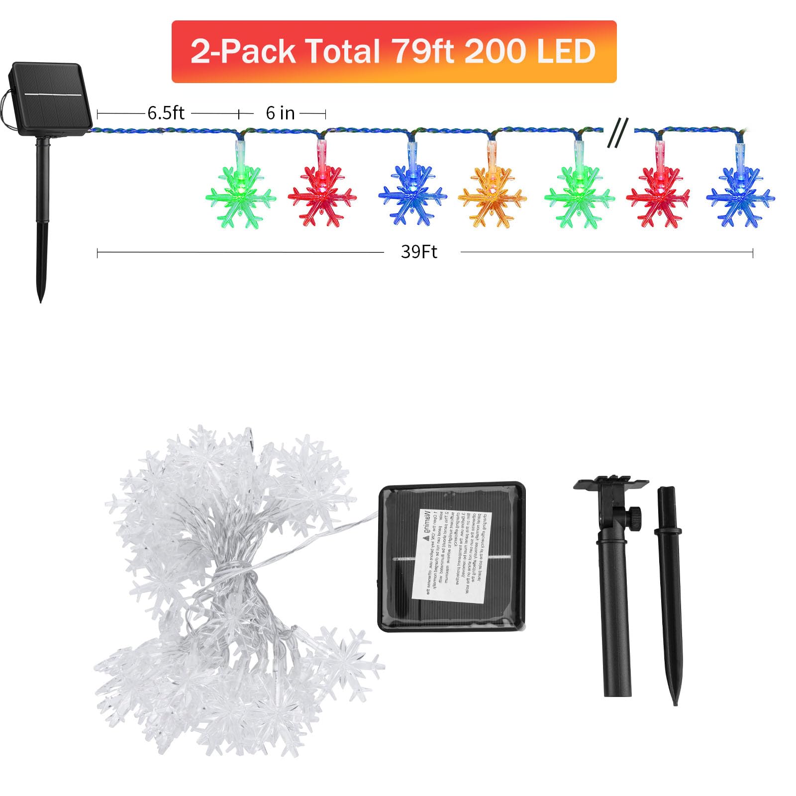 Brightown Solar Christmas Snowflake String Lights - 100 LED, 39 FT, Waterproof, 8 Lighting Modes, Multicolor, 2 Pack