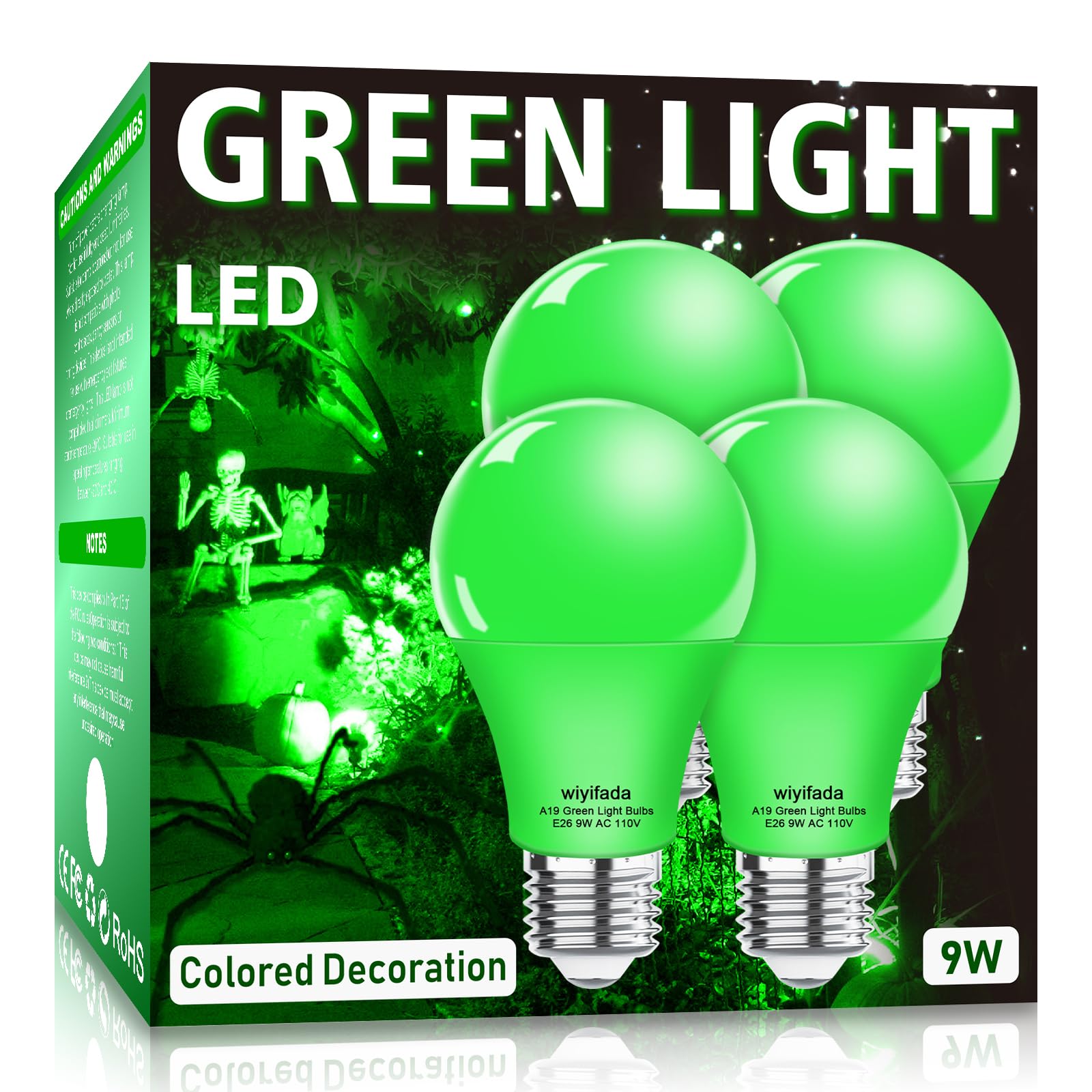Wiyifada 4 Pack A19 Led Green Light Bulbs,110V E26 Christmas Green Led Lights 9W Replace Up To 100W,Dimmable Colored Light Bulbs