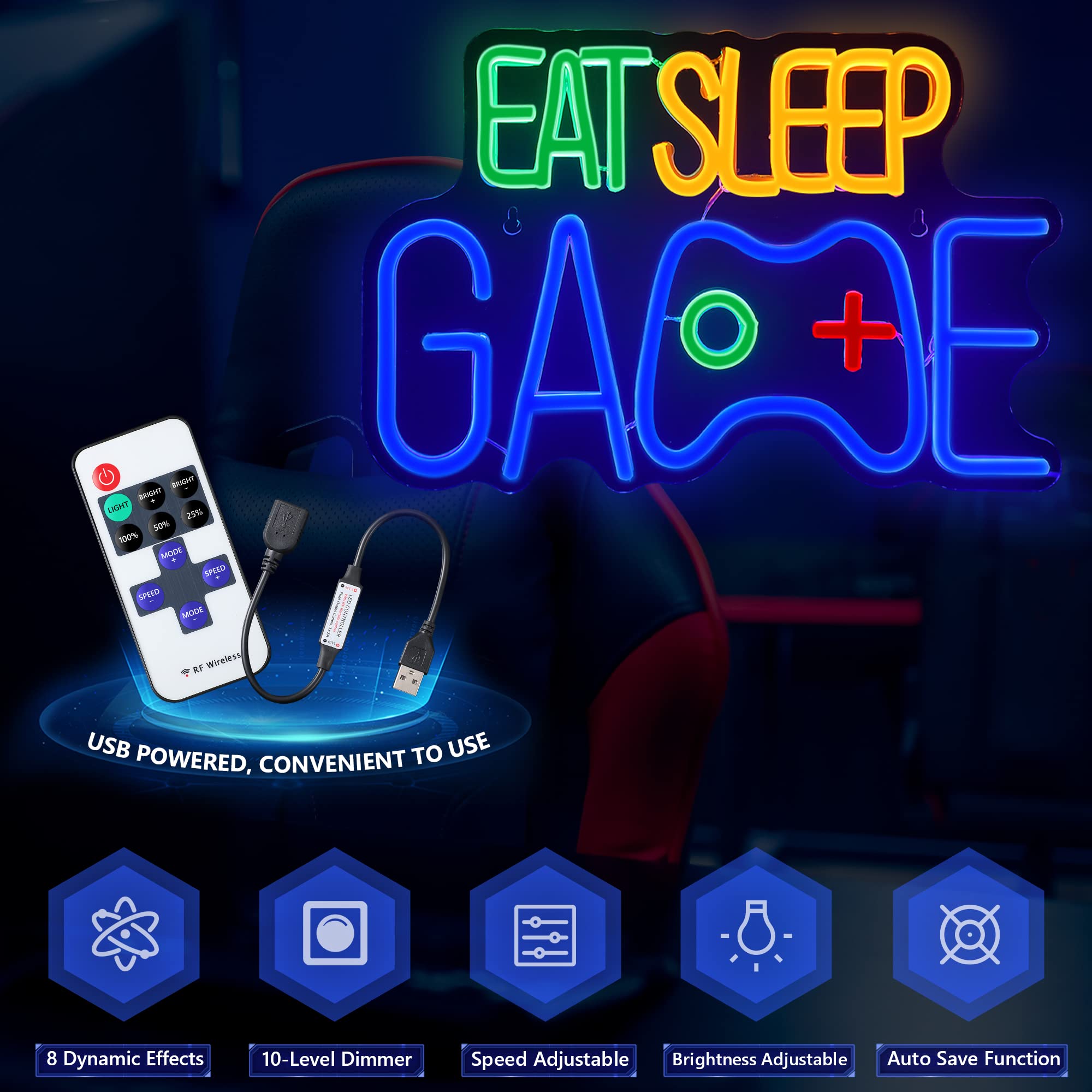 Enhon Neon Sign for Gamers, EAT SLEEP GAME Wall Decor, 8.7L x 13W, Blue, Acrylic, Model Enhon-Neon-0378