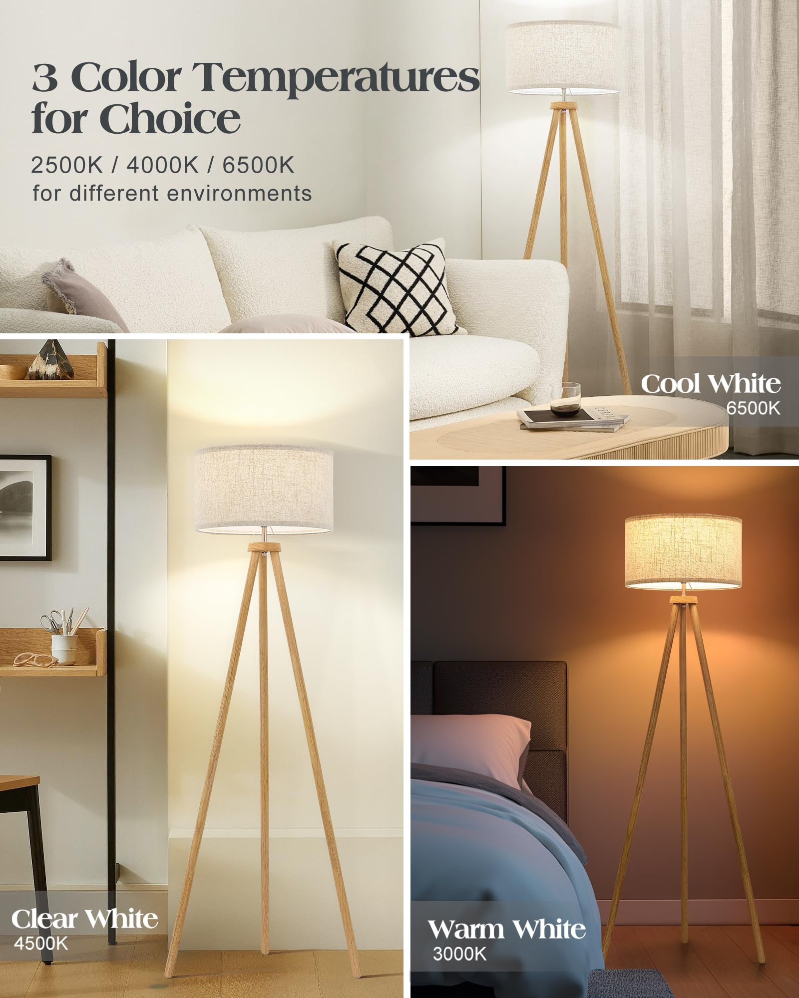 Elyona Wood Tripod Floor Lamp For Living Room, Nordic Standing Lamp With 3 Color Temperatures Led Bulb Included & Beige Linen Sh