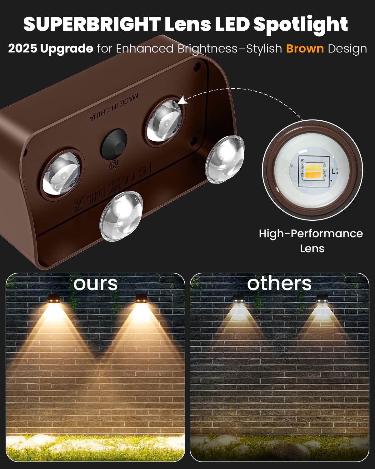 FLITI Solar Fence Lights - Waterproof Outdoor Lighting, 3000/4000/6000K, 12 Pack, Model SWV-3108, Dusk to Dawn, Brown