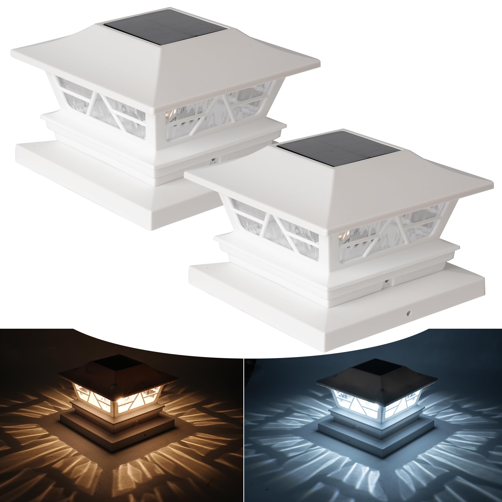 TW SHINE 2 Pack Solar Outdoor Fence Post Lights, 2 Modes Post Cap Lights Waterproof Warm White/Cool White for Yard, Garden, Porc