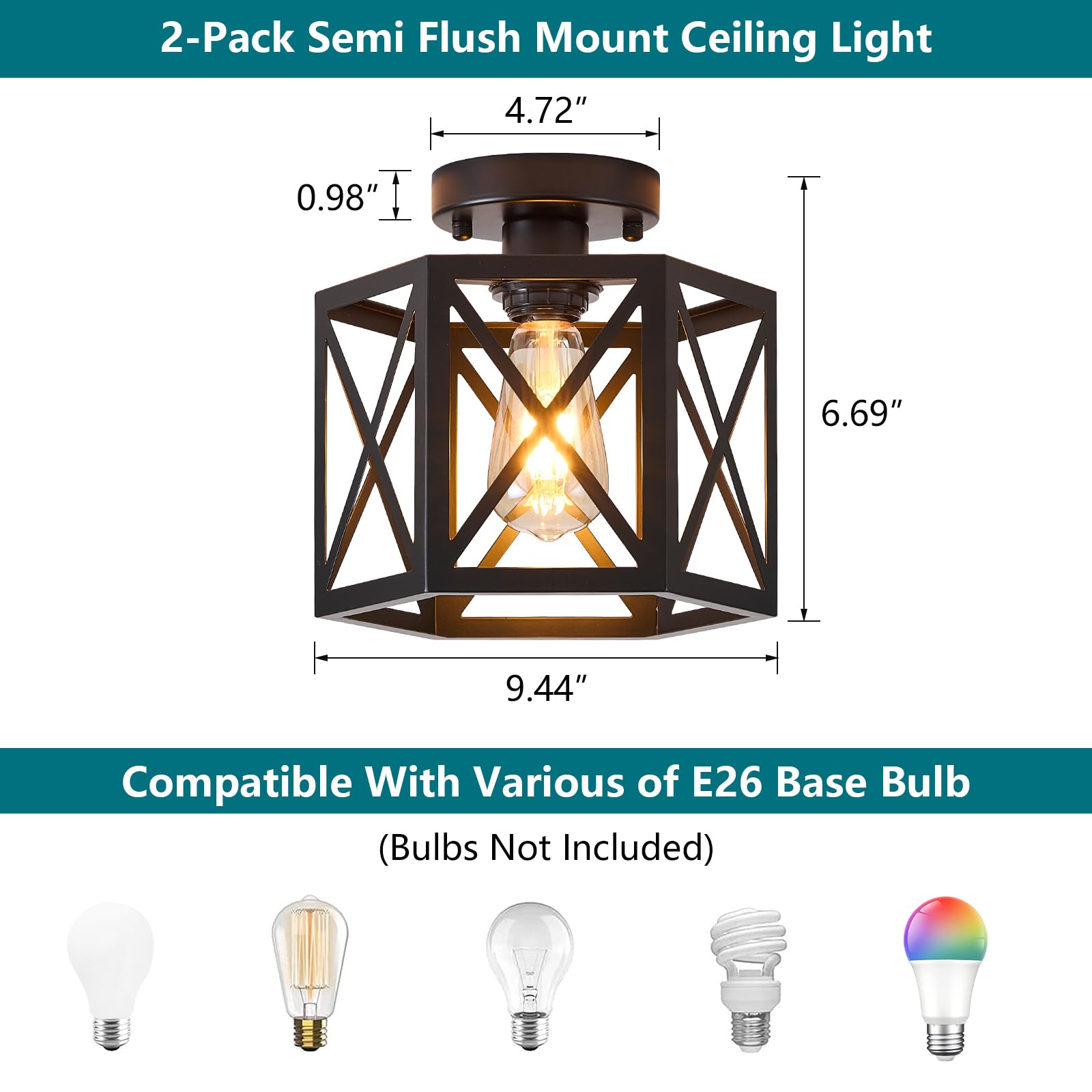 Xsdetu 2 Pack Farmhouse Semi Flush Mount Ceiling Light, Industrial Black Hallway Light Fixture, Small Metal Cage Close To Ceilin