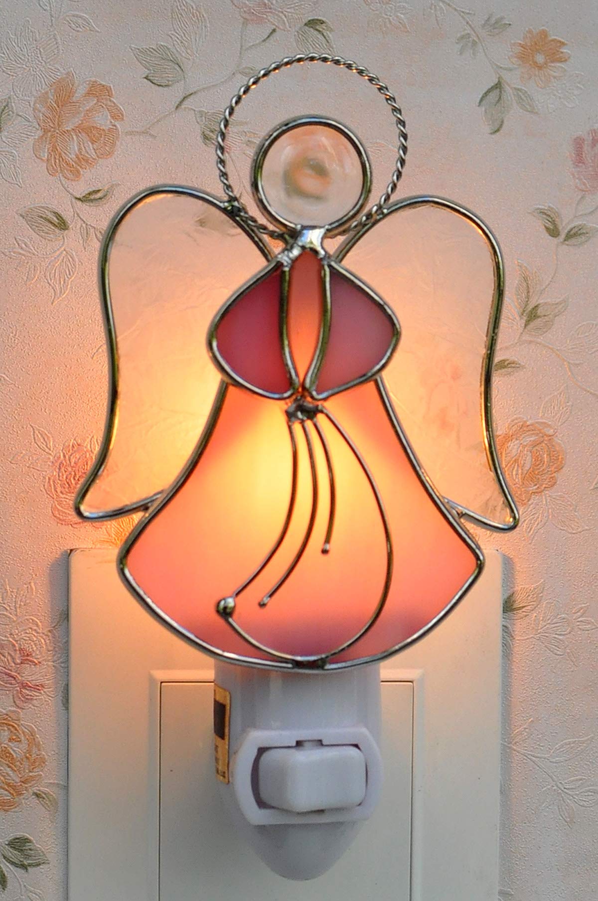 COOWIND Stained Glass Angel Night Light Wall Plug Decorative Accent Pink