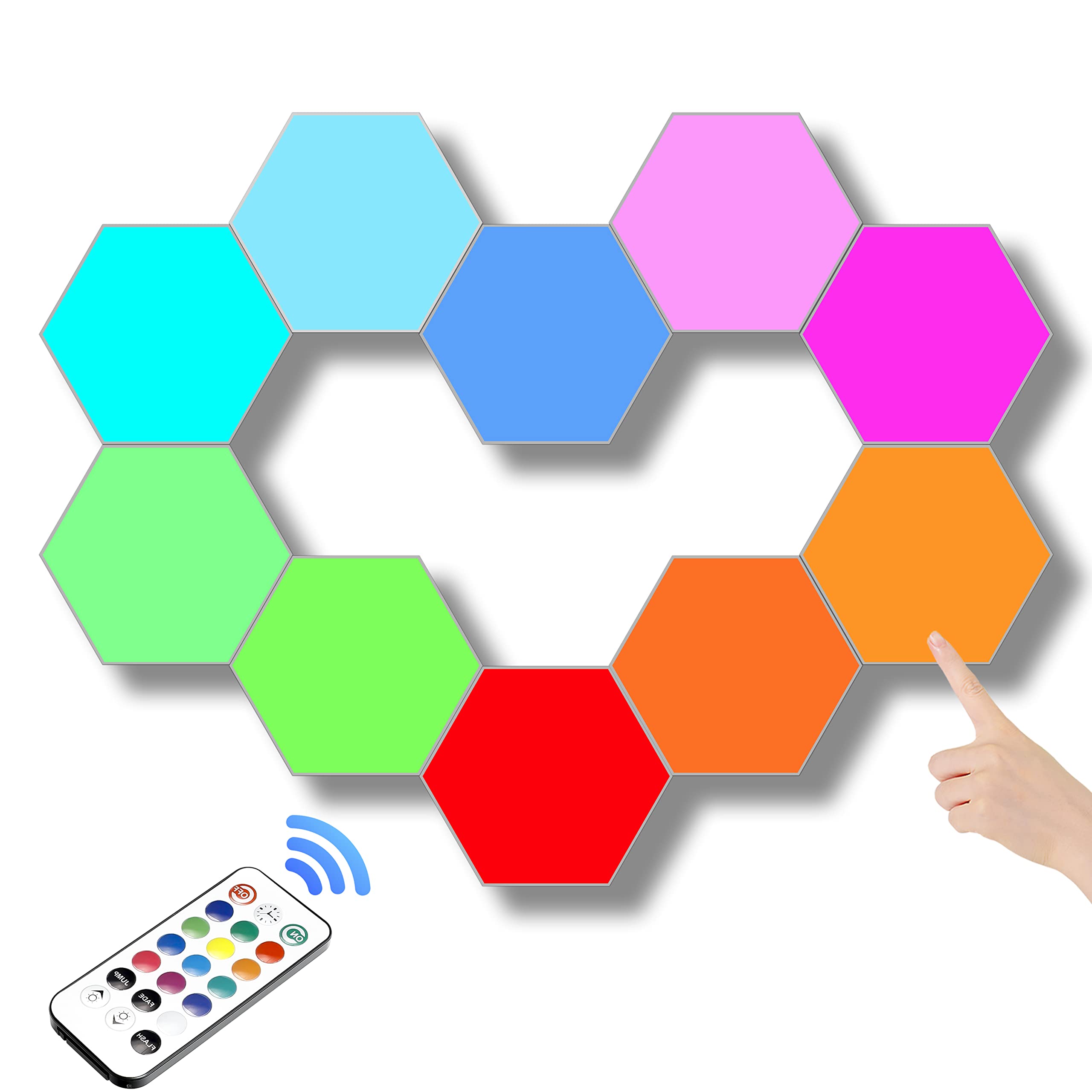 ODISTAR Remote Control Hexagon Wall Light, RGB LED, Touch-Sensitive, 10-Pack, Acrylonitrile Butadiene Styrene, Colorful Decor for Bedroom