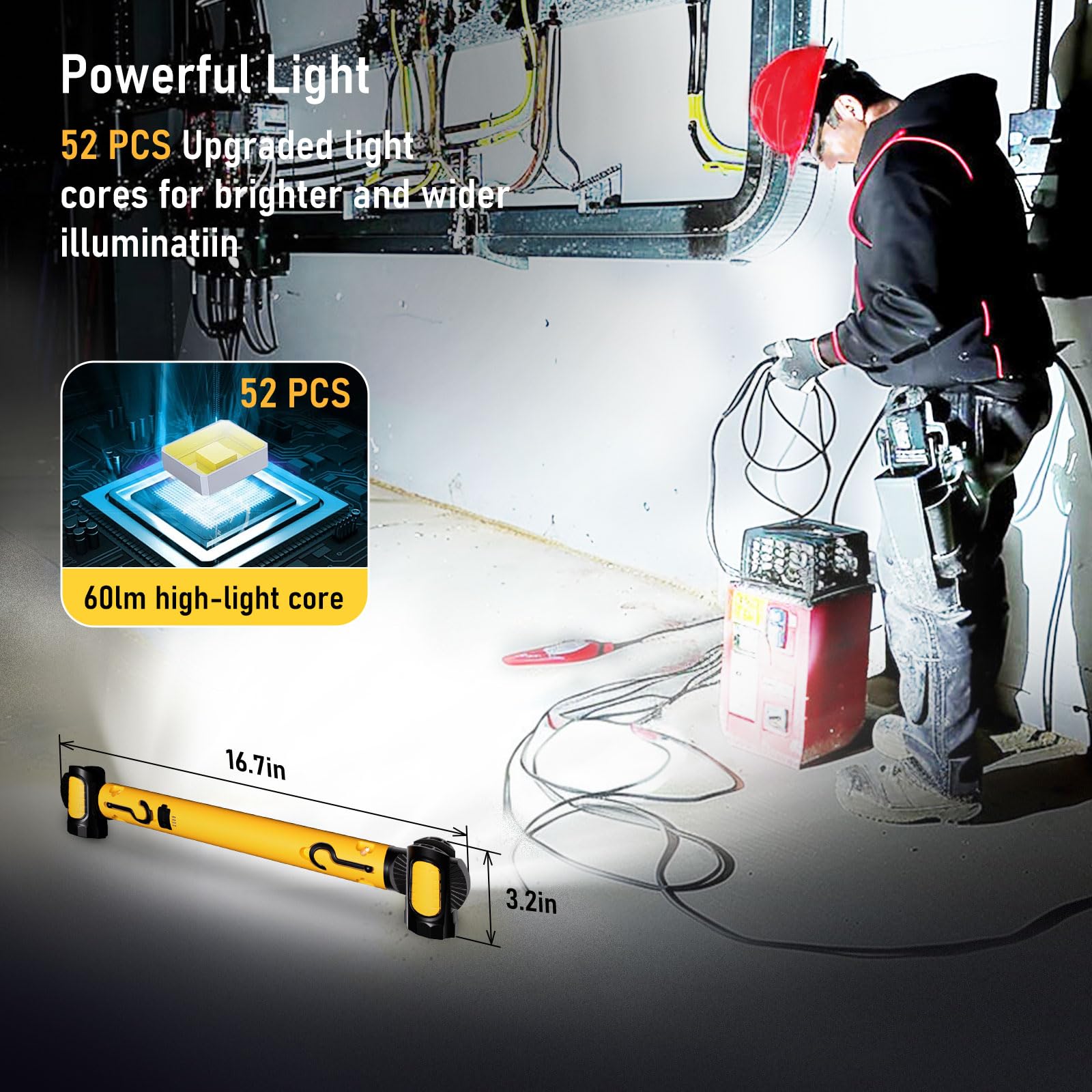 Work Light For Mechanic,3200Lm Led Work Lights,5400Mah Rechargeable Magnetic Light Bar,Portable Automotive Tools Underhood Light With Hooks For Car Garage Workshop Emergency,Present For Him, Yellow