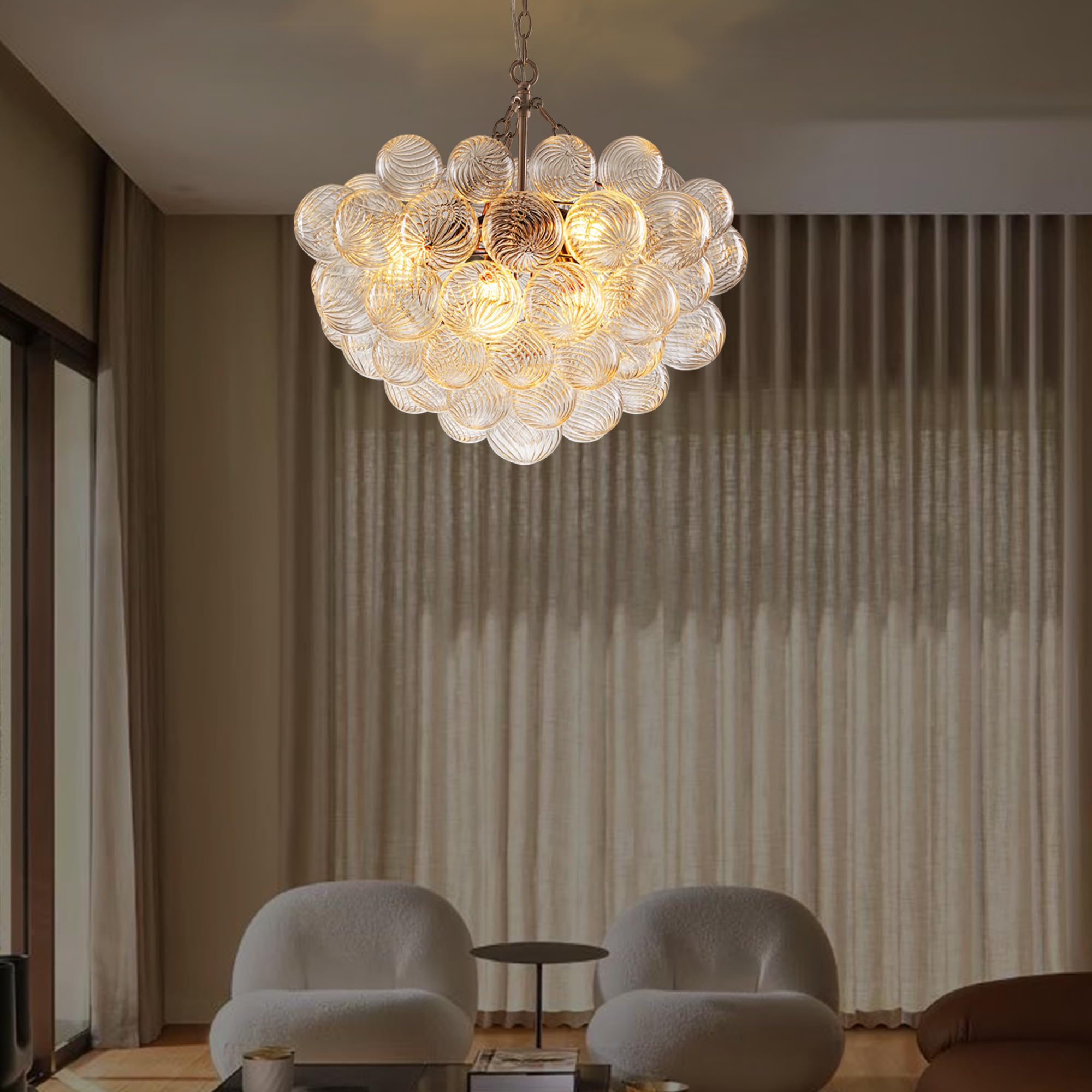 Beypan Bubble Ball Glass Chandelier Brushed Nickel 24'' Dia Clear Ribbed Blown Glass Swirled Globe Pendant Light Fixture For Din