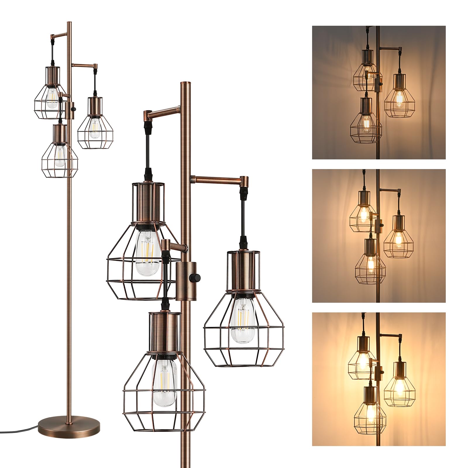 Edishine Dimmable Industrial Floor Lamp, Rustic 65In Metal Standing Light, Brown, Includes 3 Led Edison Bulbs, Perfect For Living Room/Bedroom