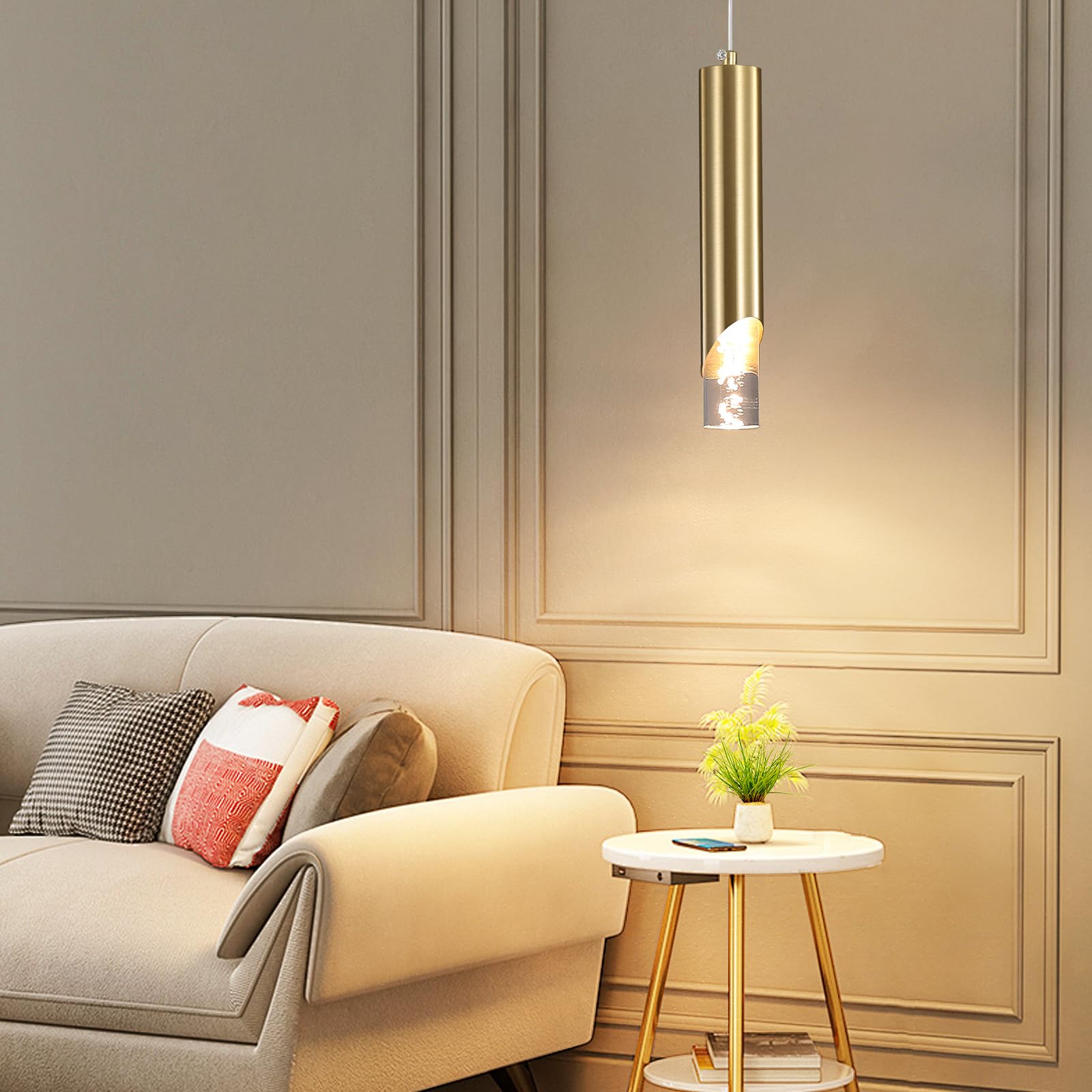 Modern Gold Pendant Light Fixture  Acrylic Bubble Cylinder Hanging Lights  3 Color 2700K/4500K/6500K  Minimalist Ceiling Chandelier Lighting For Dining Room  Bedroom  Hallway  Bar  Kitchen Island