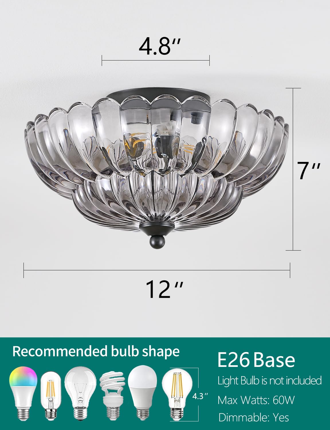 SIJINCHEN Semi Flush Mount Ceiling Light, 3-Bulb Modern Fixture, 11.8" Smoky Gray Glass, Model SJC-XDD06, Vintage Style for Bedroom/K