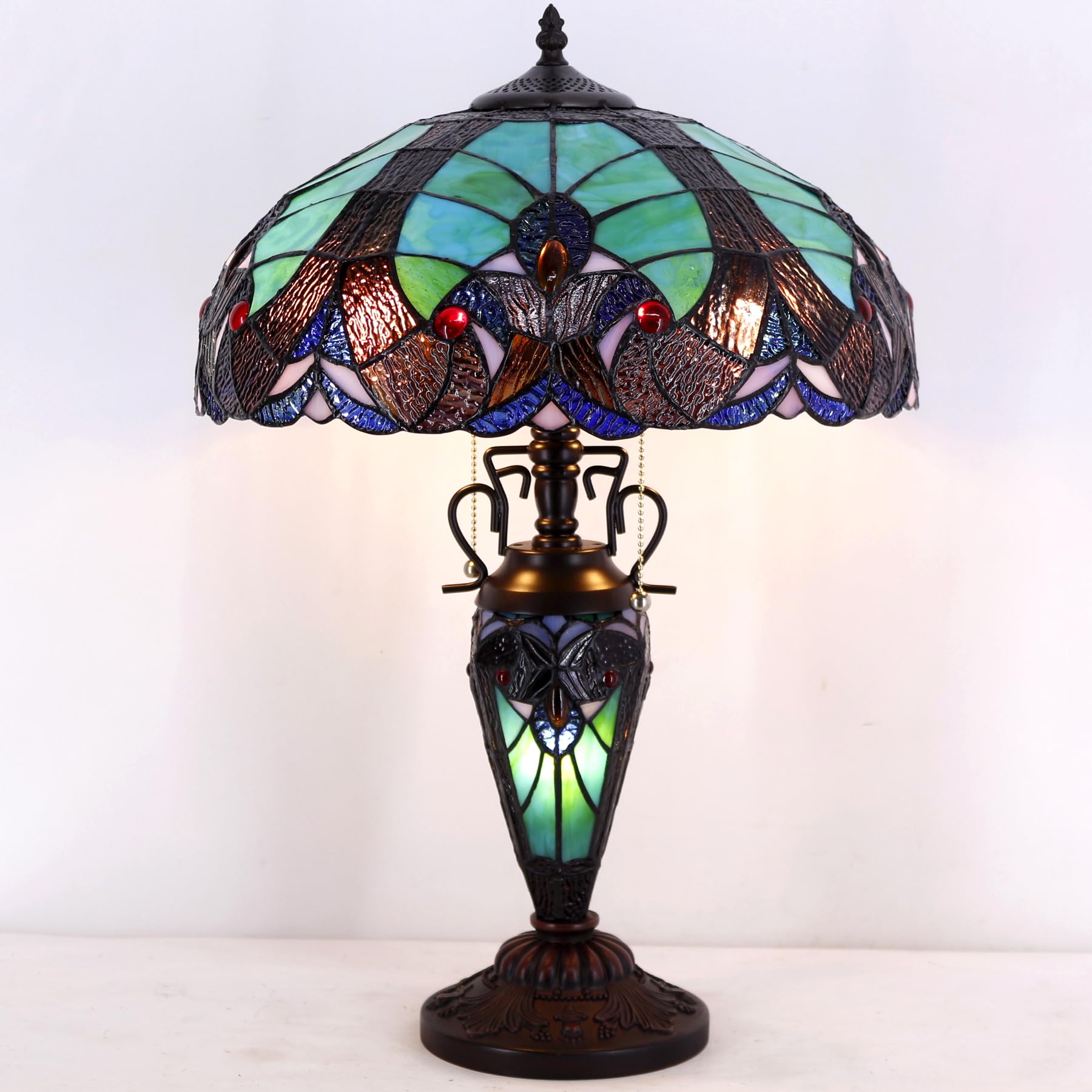Werfactory Tiffany Style Table Lamp Green Stained Glass Liaison Mother-Daughter Vase Lamp 16X16X24 Inches Desk Reading Light Dec