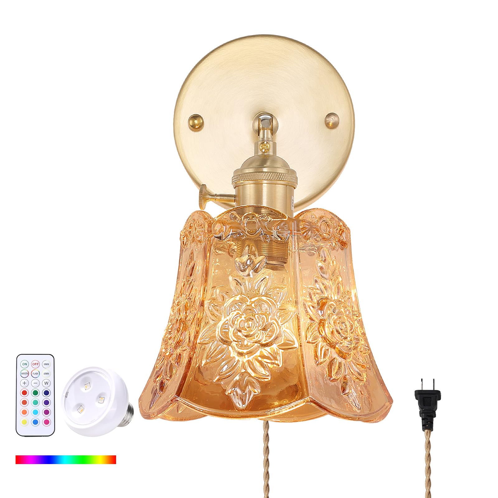 Shenmoyl Vintage Wall Sconce, Battery Operated, RGB Dimmable LED, Glass, Rose Amber, Model 1-94908-sconc, Wireless with Remote Control