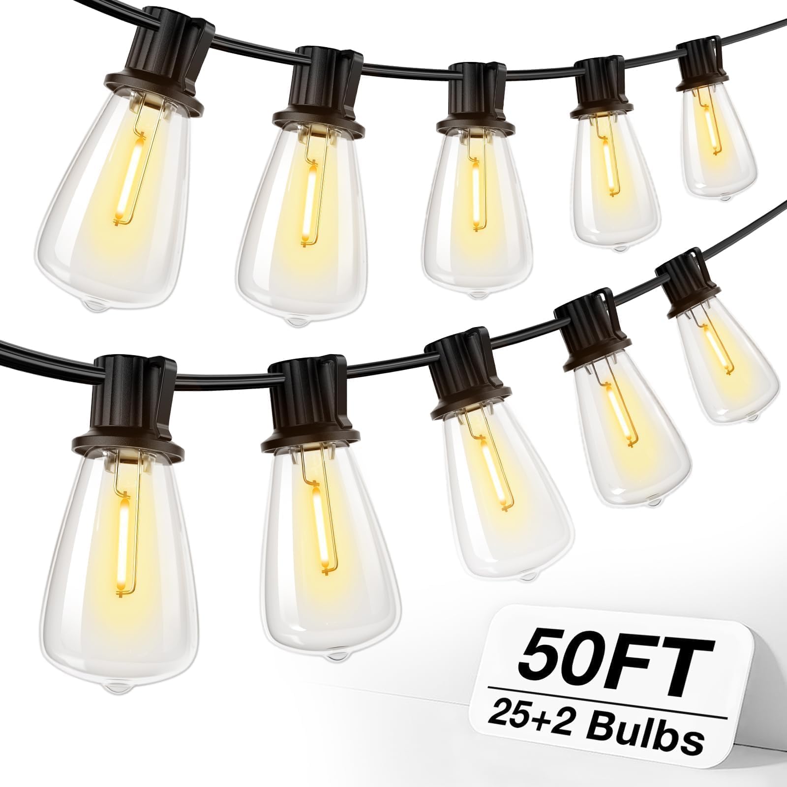 addlon 50FT LED Outdoor String Lights Waterproof Patio Lights with 27 Shatterproof ST38 Replaceable Bulbs(2 Spare), Dimmable Out