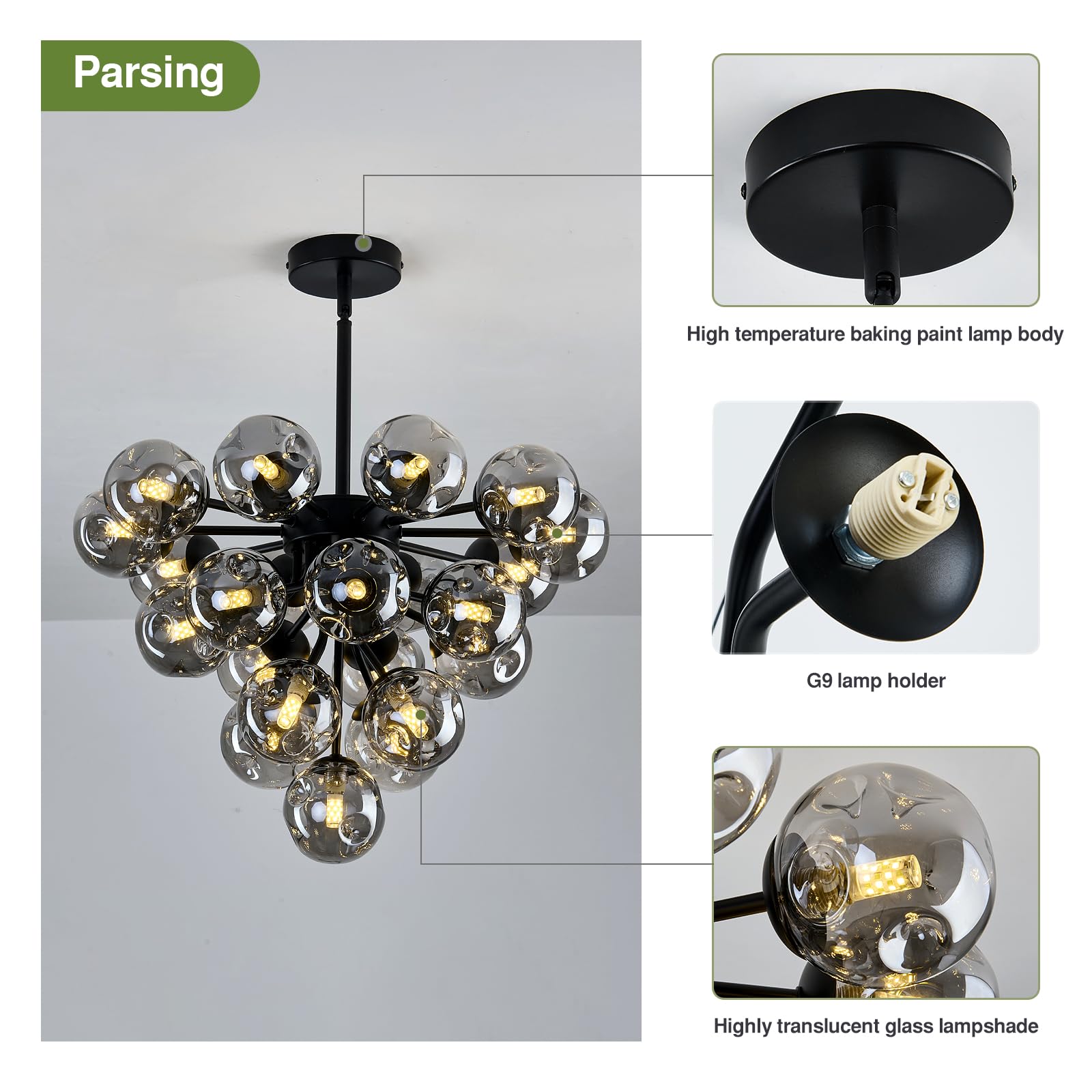 Szxykeji Black Modern Glass Globe Chandelier Mid Century 21-Light Pendant Lights Bubble Sputnik Ceiling Light Fixture For Dining