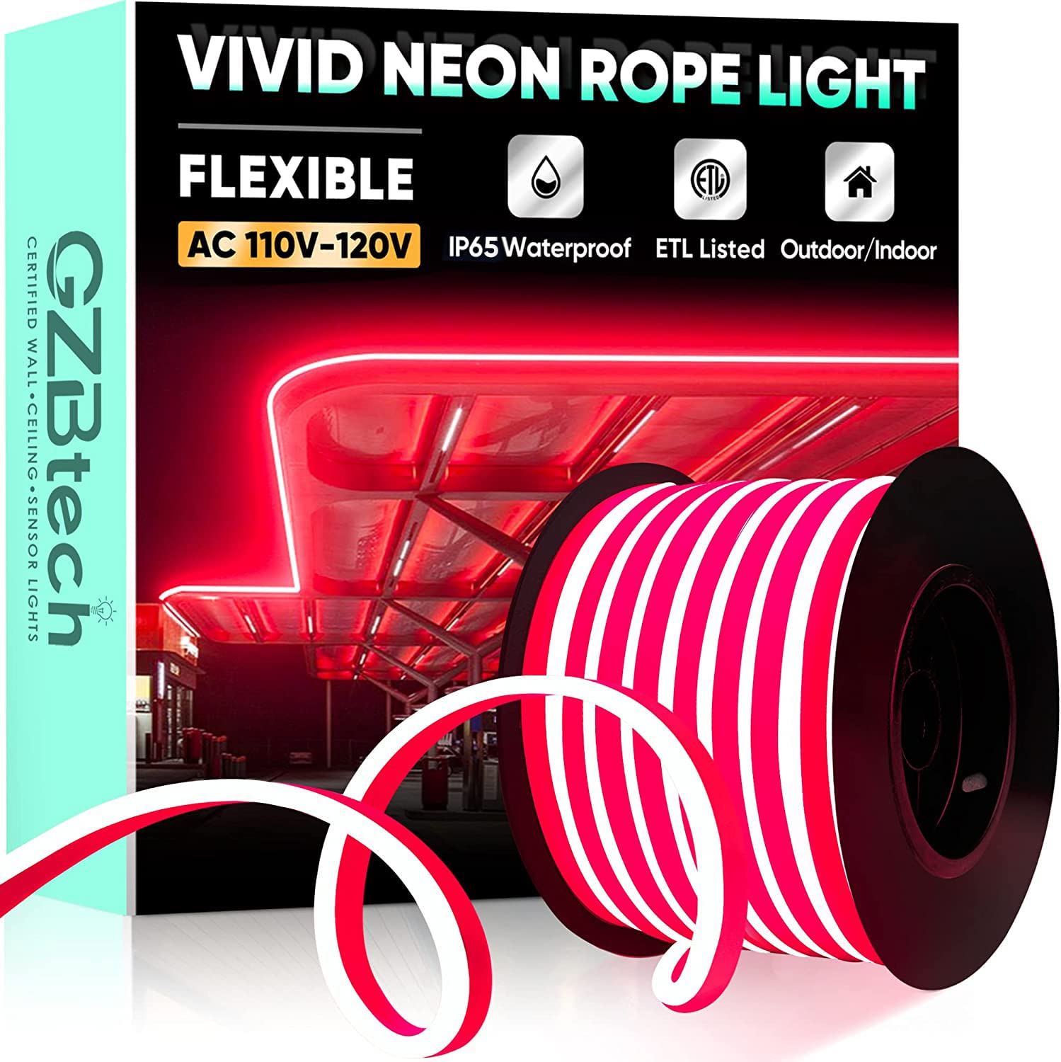 Gzbtech Flexible Led Neon Rope Lights 66Ft Ac 110-120V Waterproof Strip Light  120 Leds/M Cuttable Connectable Neon Lighting For Indoor Outdoor Home Decor/Commercial Building Use-Red 20M