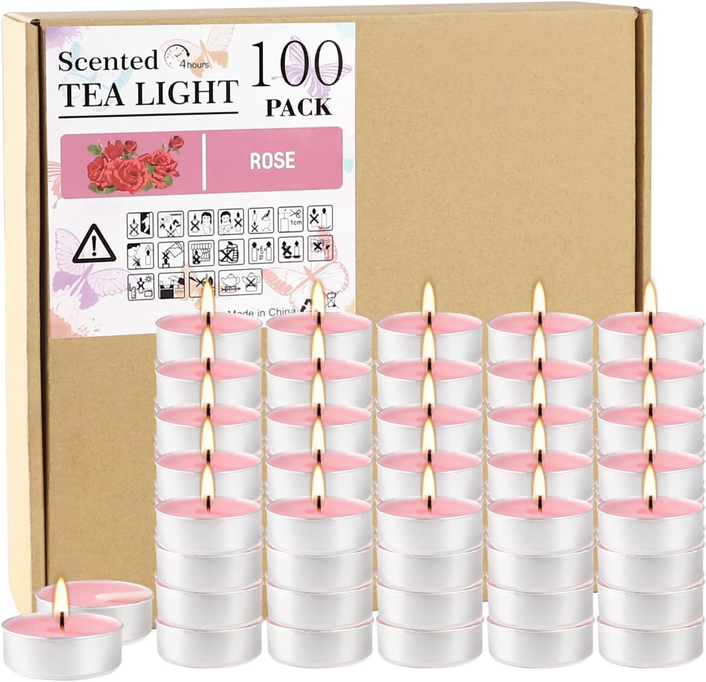 Howemon Pink Rose Scented Tealight Candles - 4 Hours - Giant 100 Bulk Packs - Smokeless Tea Lights for Valentines Day, Weddings