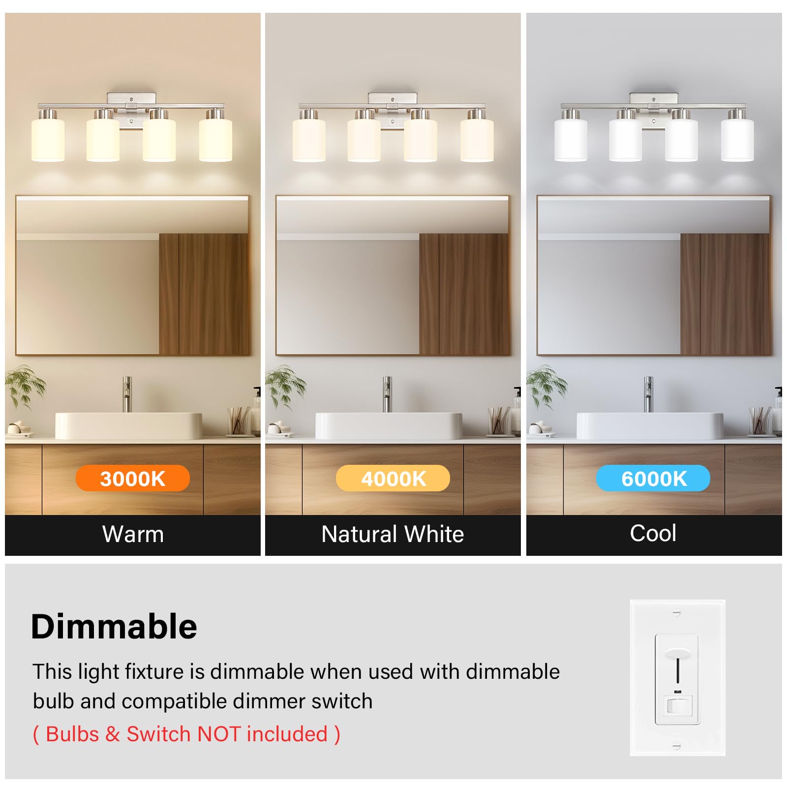 Fonmyim Brushed Nickel Bathroom Light Fixtures, 4-Light Modern Vanity Light Over Mirror, Wall Sconces With Milky White Frosted G