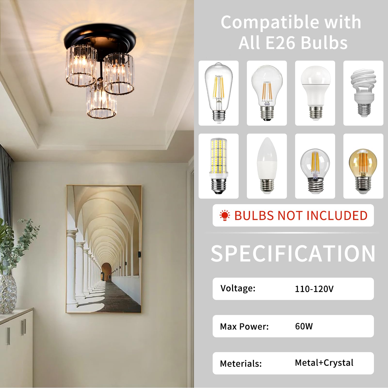 TISLYCO 3-Light Semi Flush Mount Ceiling Light 11.8in Black Crystal Chandelier for Living Room, Kitchen, Bedroom, Hallway