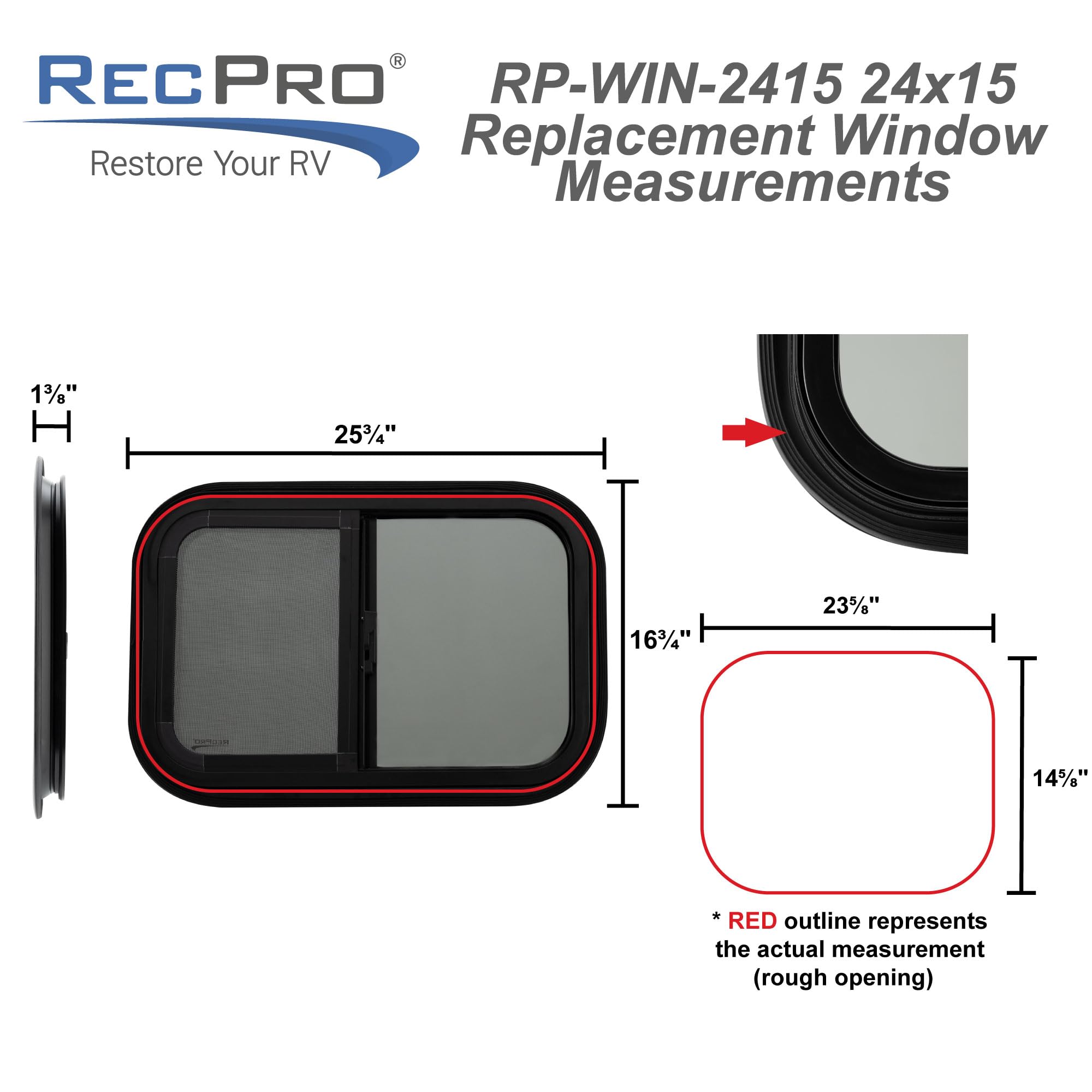 RecPro RV Window Teardrop Style 24"W x 15"H Horizontal Sliding Black RP-WIN