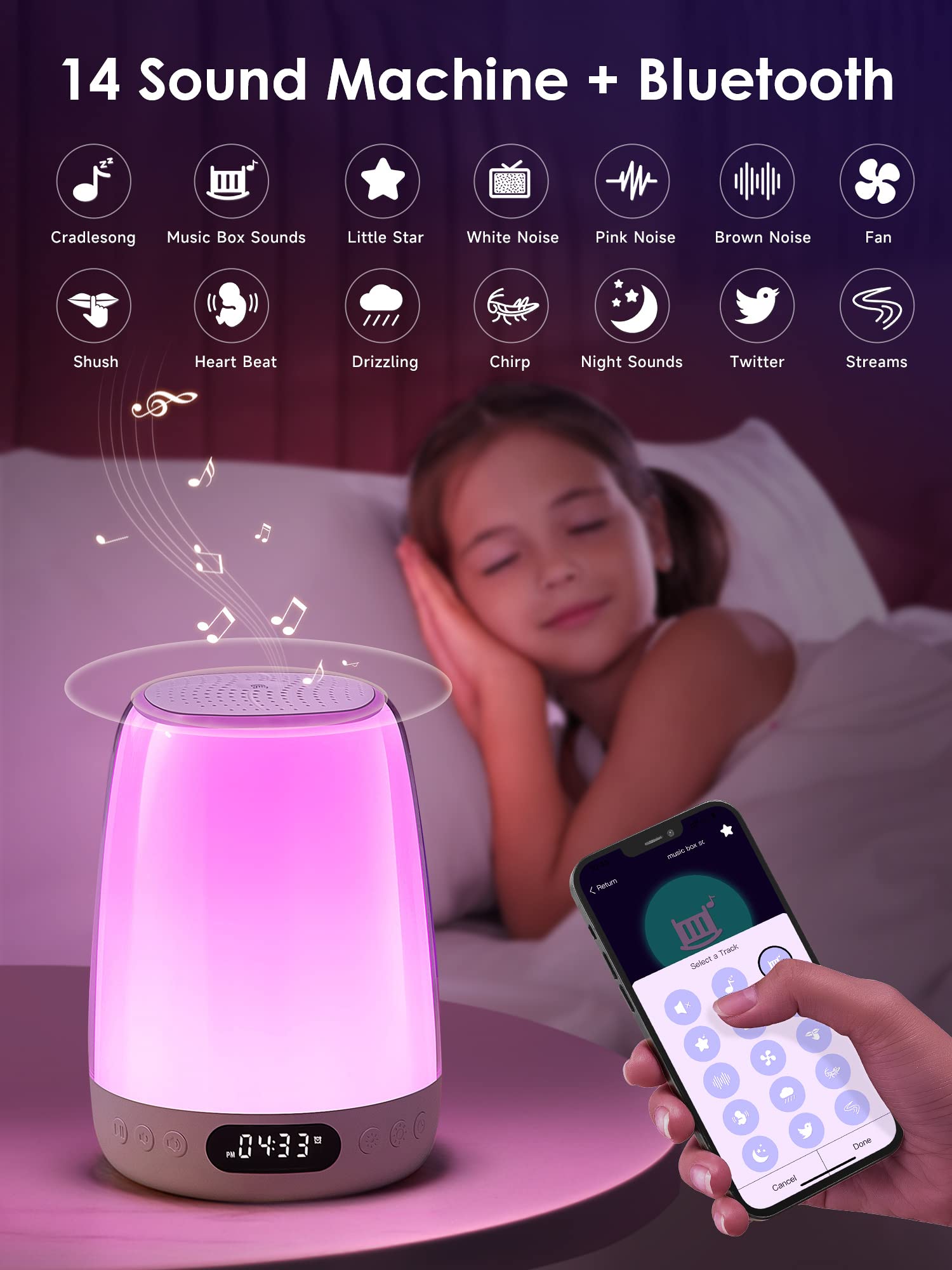One Fire Sound Machine Night Light for Kids, Bluetooth, 14 White Noise, 48 RGB Colors, APP Size, White, Plastic
