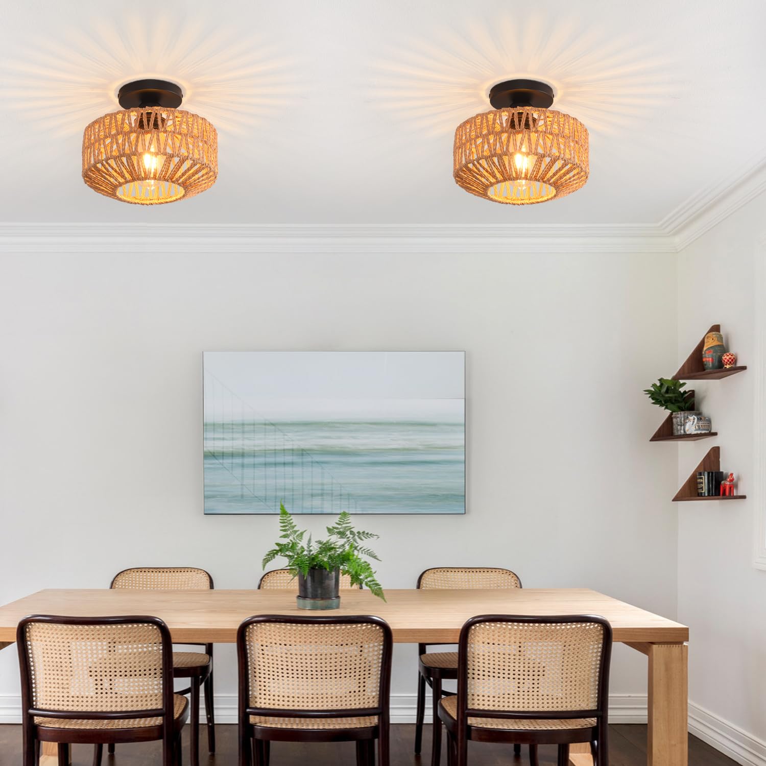 KENMI Ceiling Light Fixture, Hand-Woven Rattan, Metal, 9.8 IN, Flush Mount, Boho Style for Hallway, Bedroom, Kitchen, Living Room