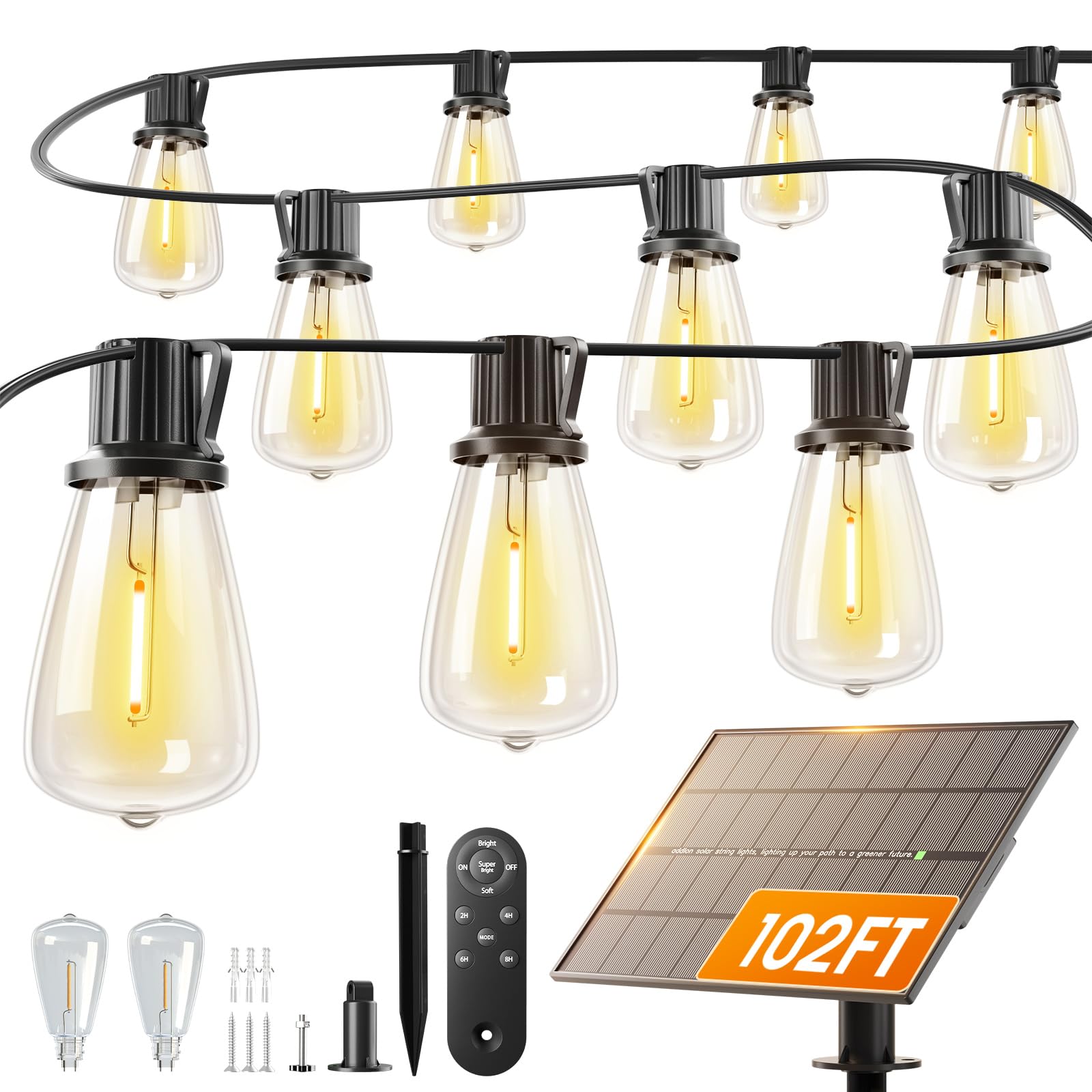 addlon Solar String Lights, 102FT (96+6), Black, 30+2 LED Bulbs, Waterproof, Remote, Dimmable, 3 Modes, Solar Powered