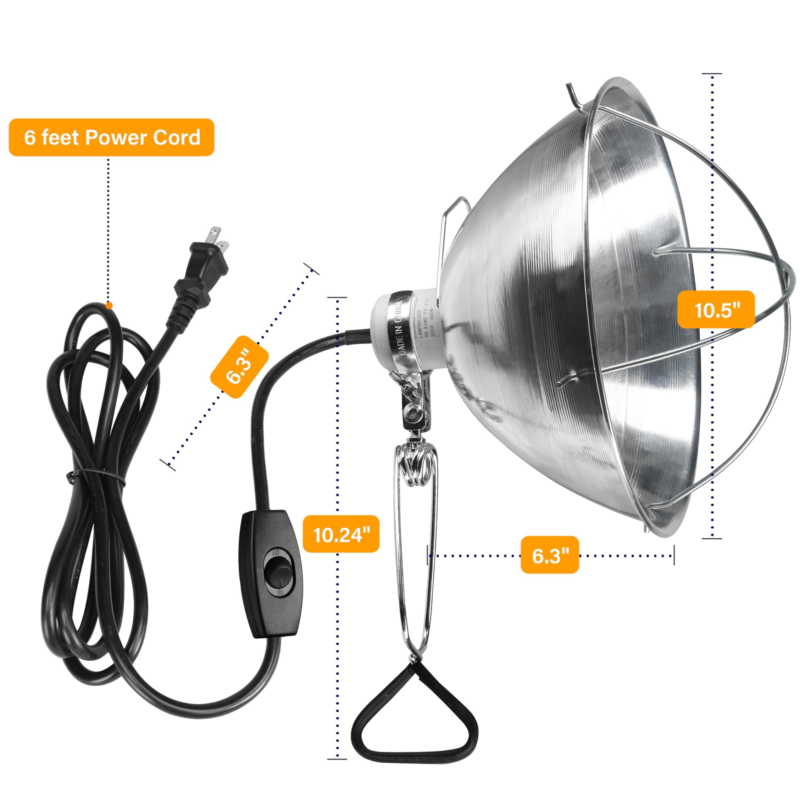 Simple Deluxe Clamp Lamp Light With 10.5 Inch Aluminum Reflector And Ceramic Base, 250-Watt E26 Socket (No Bulb Included) 6 Feet
