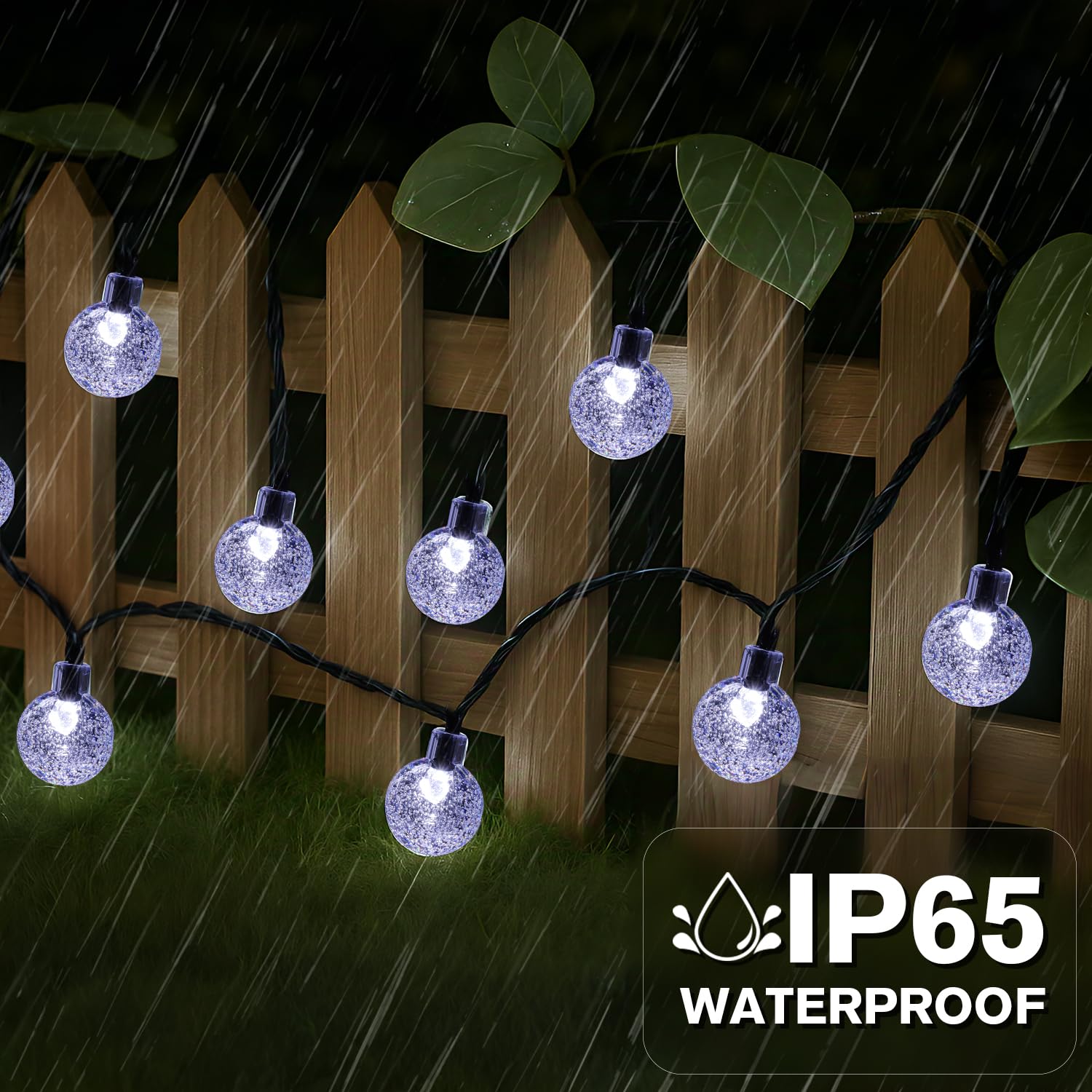 Metaku Solar String Lights, 36FT 60 LED Crystal Globe, Cool White, 8 Lighting Modes, Outdoor Patio Hanging Lights