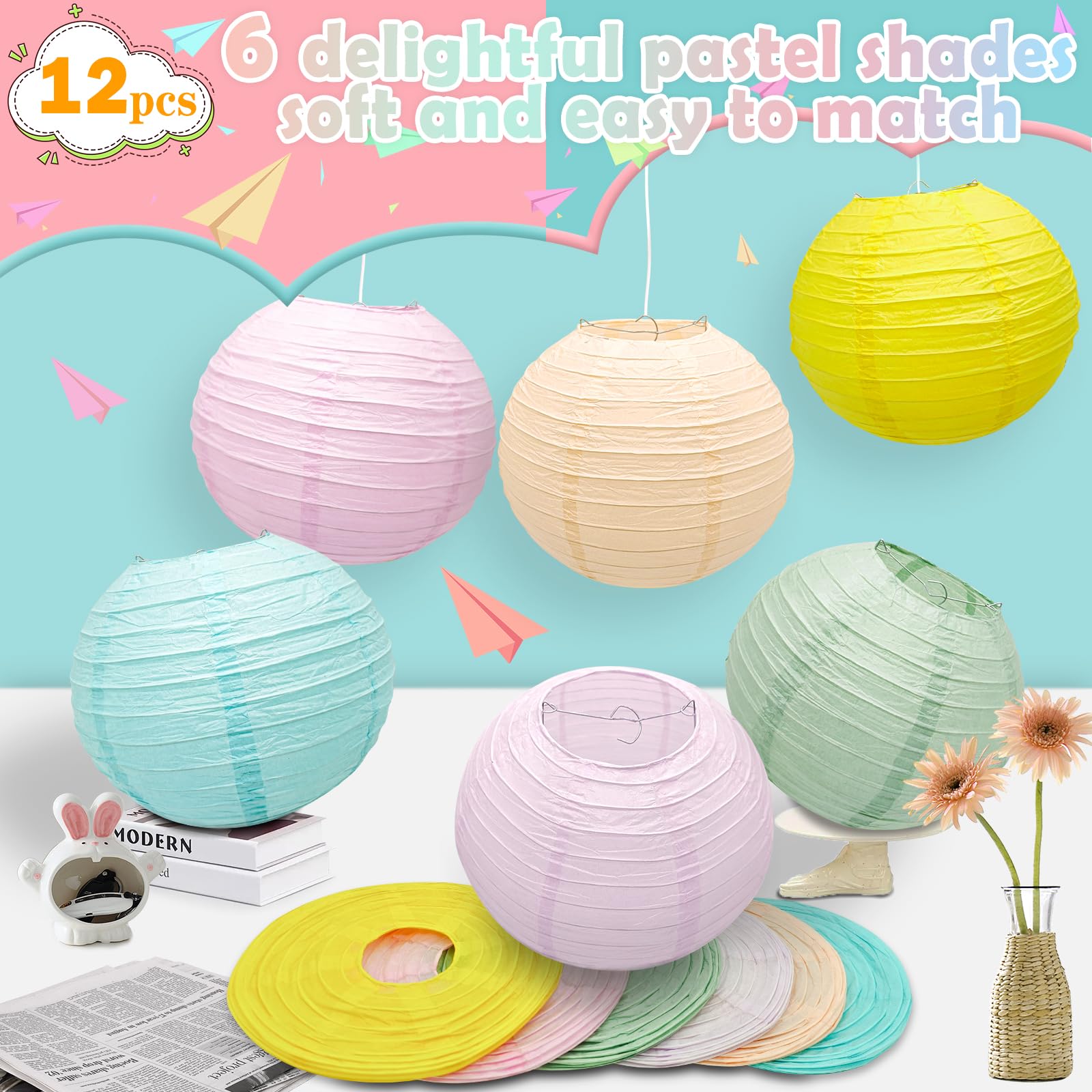 12Pcs 8'' Colorful Pastel Paper Lanterns For Spring, Classroom, Children'S Room, Mother'S Day, Baby Shower, Wedding, Birthday Pa