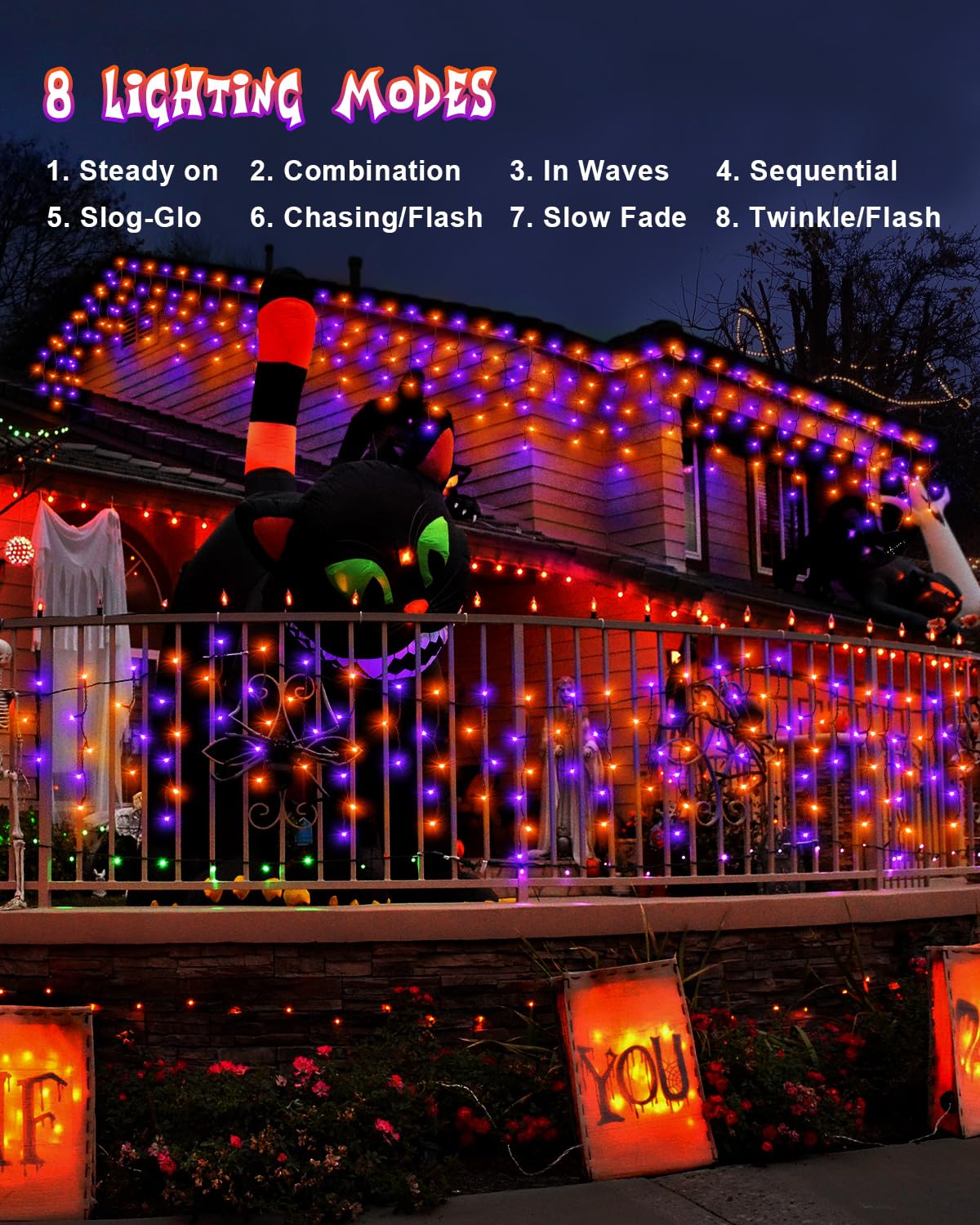 Jixxulvu Outdoor Halloween Lights  Waterproof 53Ft 486 Led Hanging String Lights With 108 Drops  8 Modes Timer  Connectable Plug-In Outside Lights For Party Eaves Yard Decorations  Purple And Orange