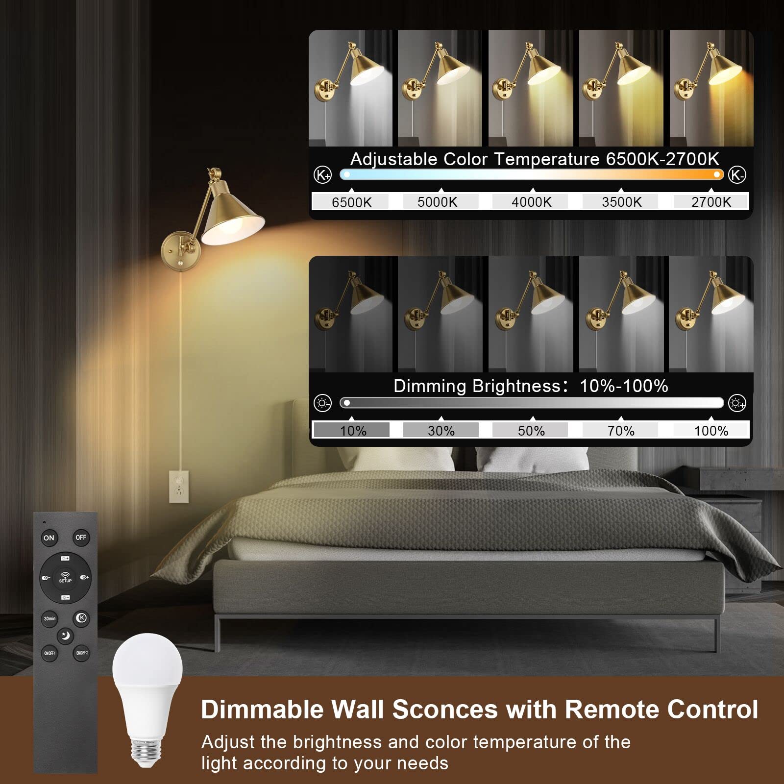 TRLIFE Dimmable Wall Sconce with Remote Control, Brass, 2 Pack, Adjustable Color Temperature 2700K-6000K, UL Listed