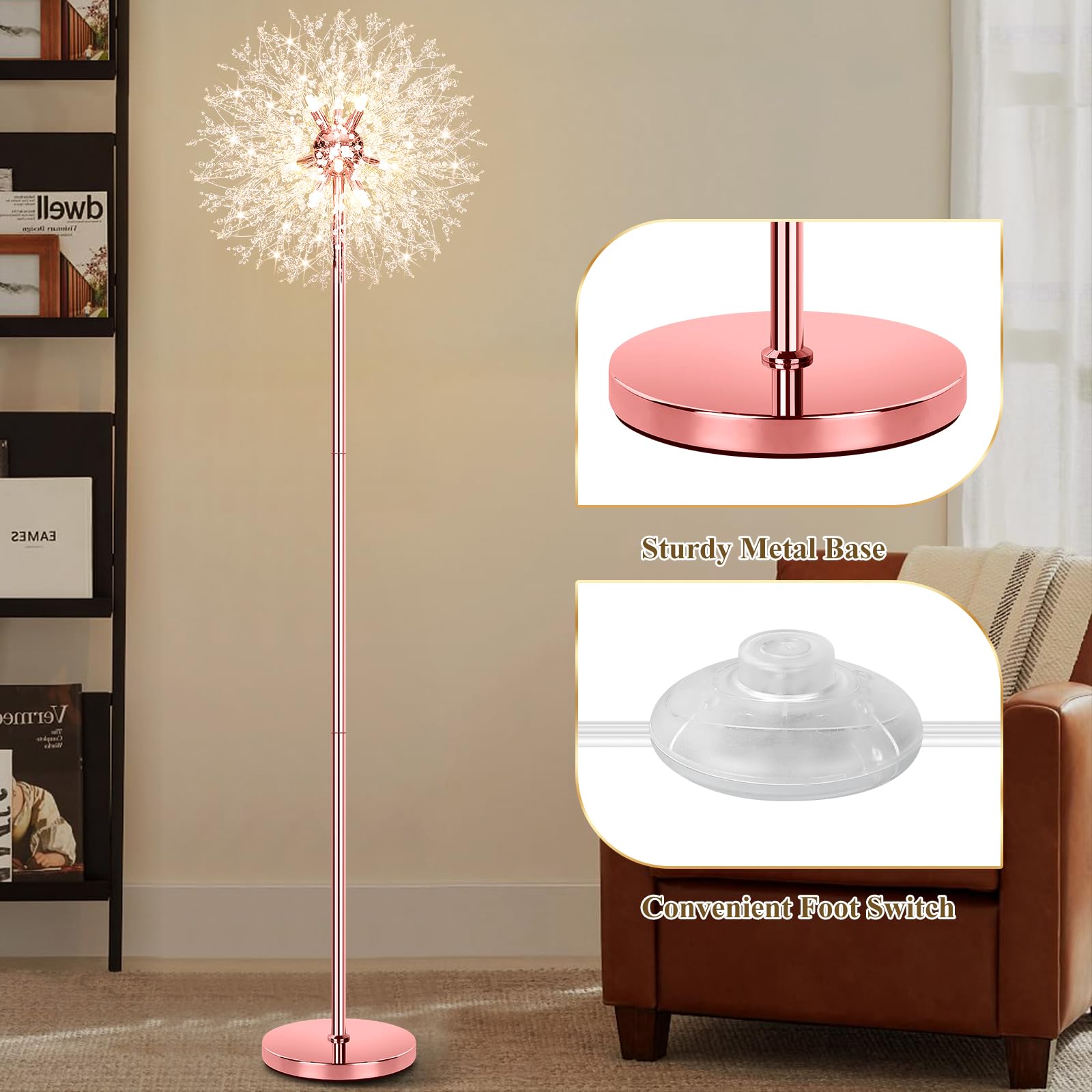 Beslowe 69 Crystal Floor Lamp For Living Room  Modern Standing Lamp With 738Pcs K9 Crystals  Tall Lamp Pole Light For Bedroom Office  Mid Century Floor Lighting With 9 Led Bulbs  Rose Gold