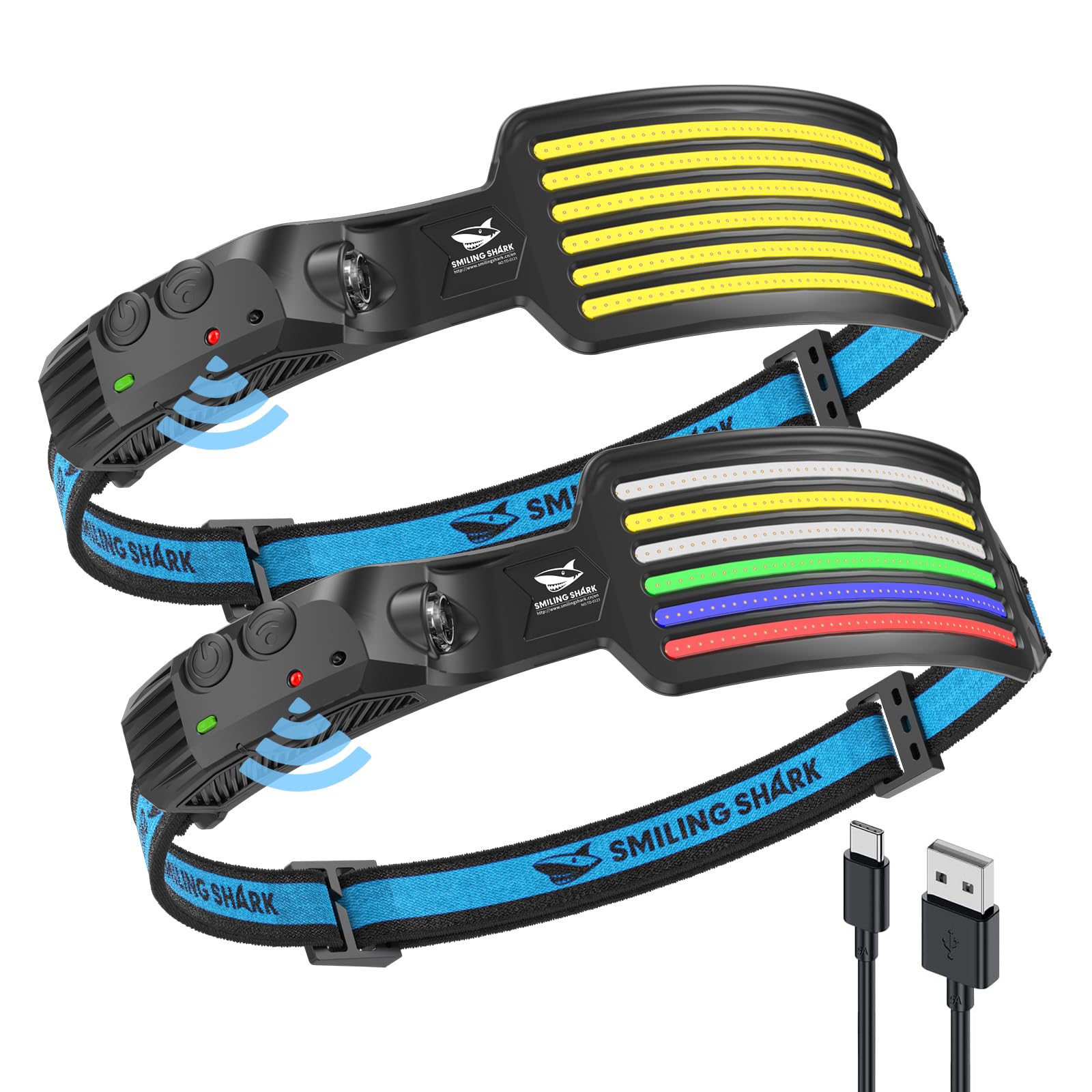 Smiling Shark Rechargeable Headlamp, 2 Pack 230Wide Angle 5*Colors Light Led Head Lamp With Motion Sensor Waterproof Headlight F