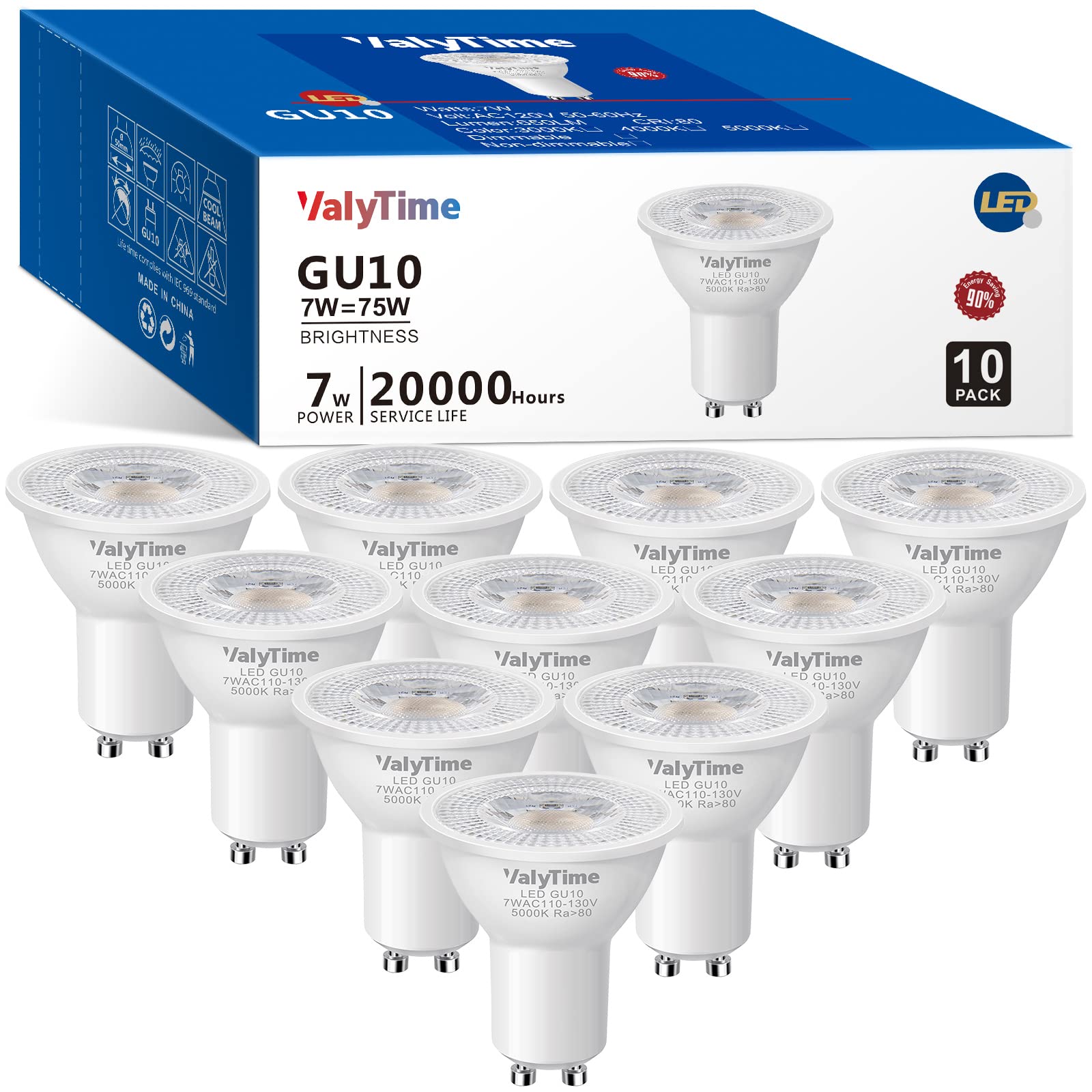 Valytime Gu10 Led Light Bulbs 7W, 5000K Day White, 10 Pack, Halogen Replacement,